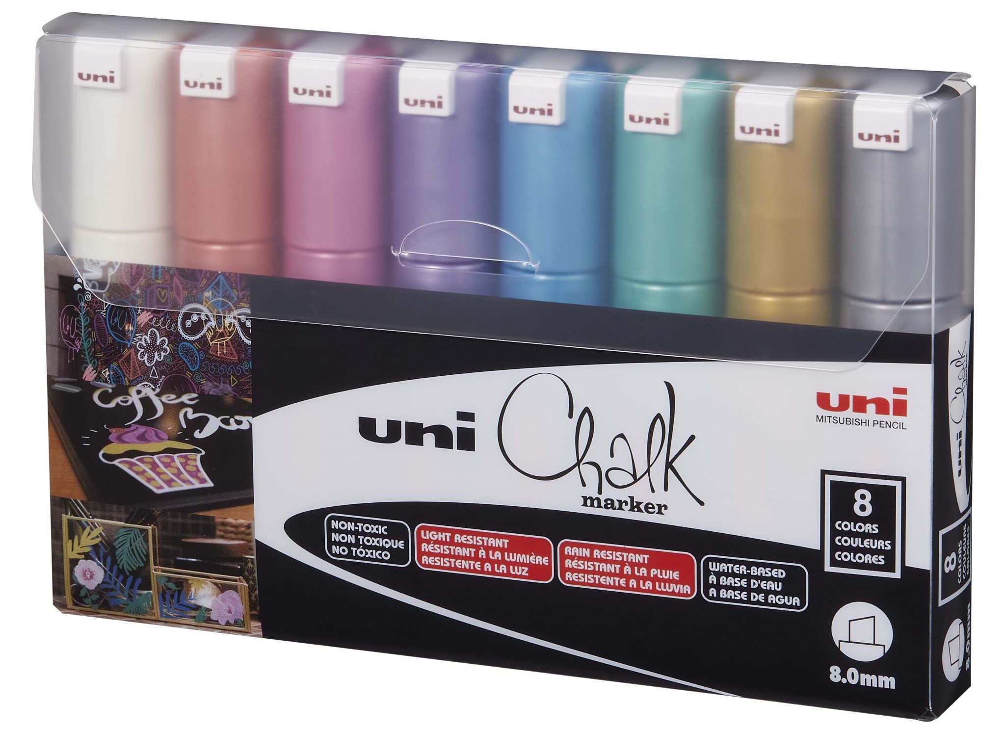 UNI - Kreidemarker 8M – Metallic-Farben, 8 Stück.