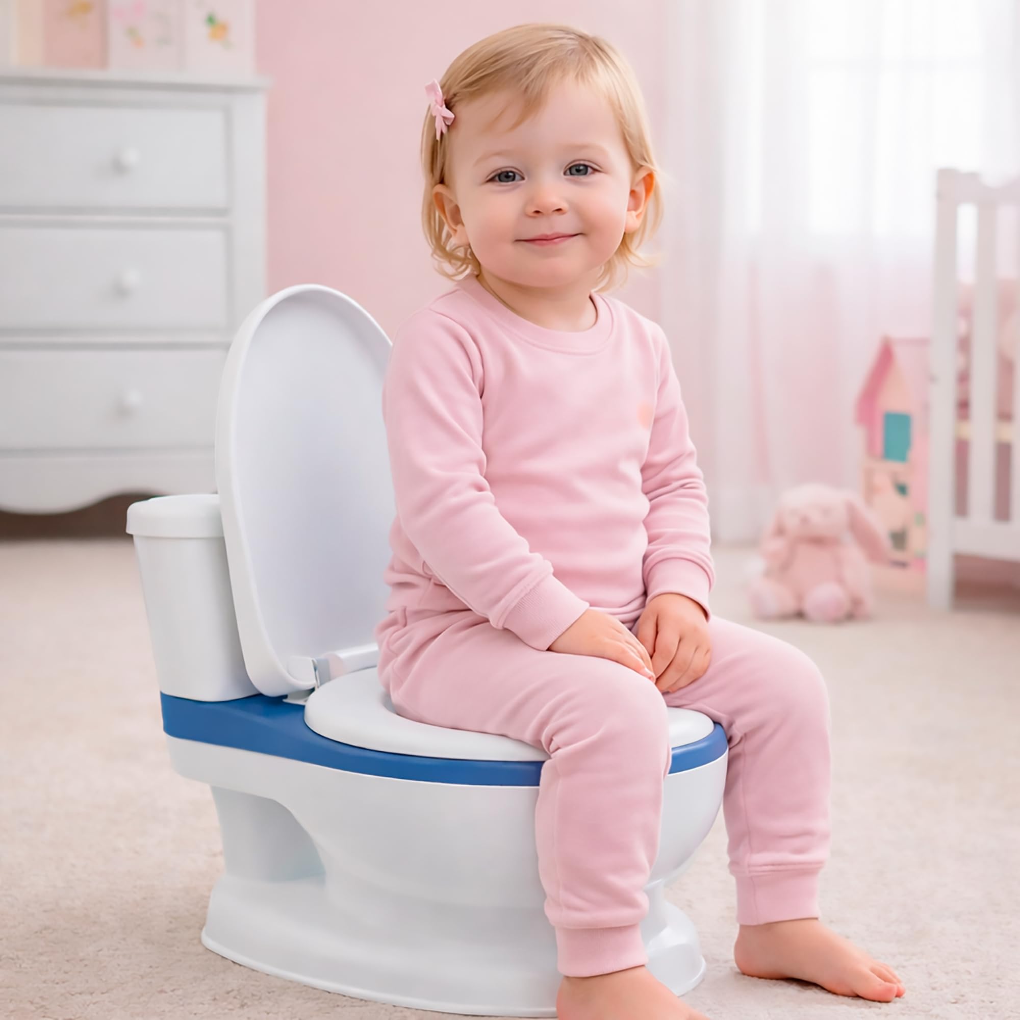 Girox Interaktives Kinder Töpfchen WC - Lerntoilette mit Musik und Soundeffekten - 38 cm x 32 cm x 43 cm - Weiß Blau - Förderung der Selbstständigkeit und hygienisches Töpfchentraining