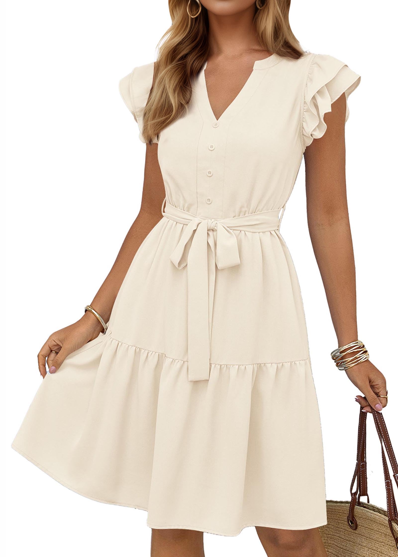 KIRUNDO Summer Dresses for Women 2026 Spring Flutter Sleeve V Neck Ruffle Flowy Tiered Knee Length Beach Vacation Sundress