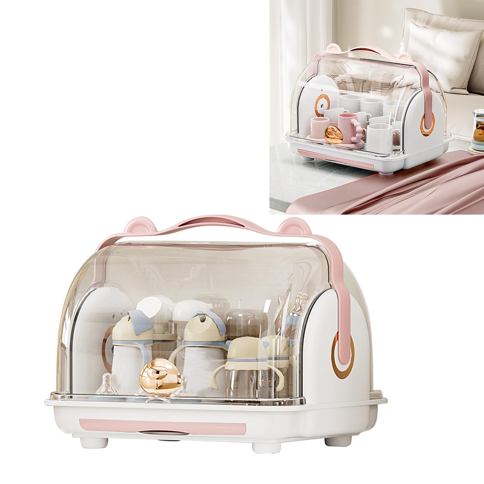 Keenso Support de Séchage de Biberons, Boîte de Rangement Anti-poussière avec Couvercle, Organisateur en Plastique Simple pour la Cuisine, Vaisselle pour Tout-petits (PINK)