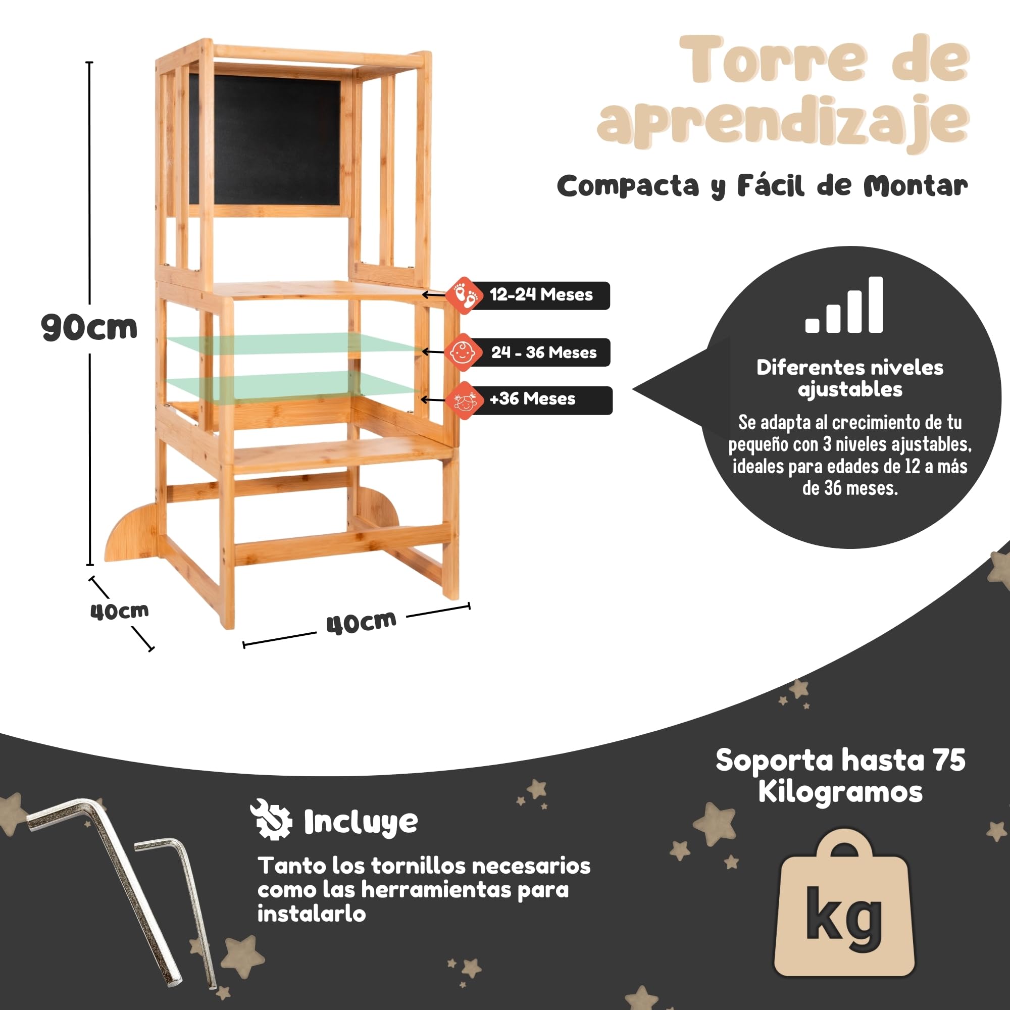 Torre de Aprendizaje Montessori de Bambú Antivuelco, Taburete Infantil y Juguetes