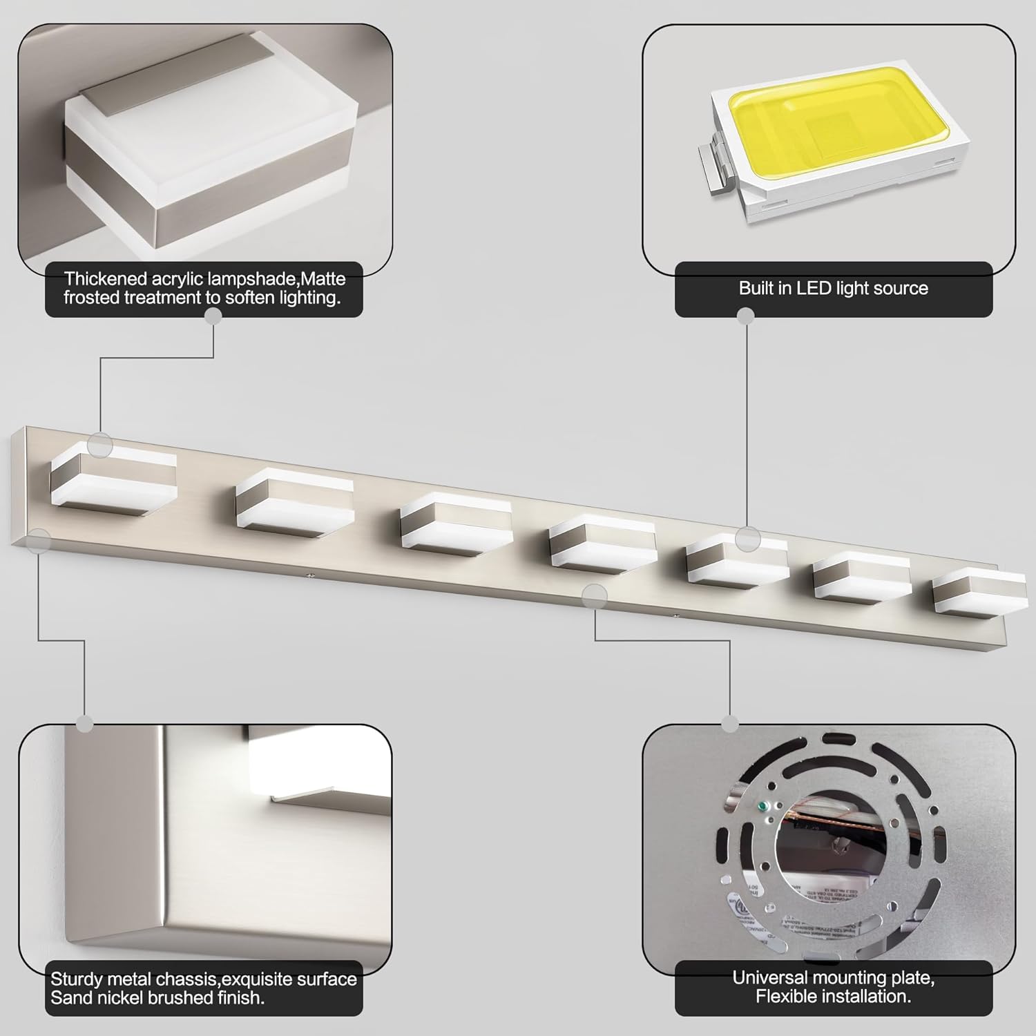 SOLFART Bathroom Vanity Lighting Over Mirror,7 Lights Brushed Nickel Vanity Light, Modern LED Light Fixtures,53 Inch for Bathroom