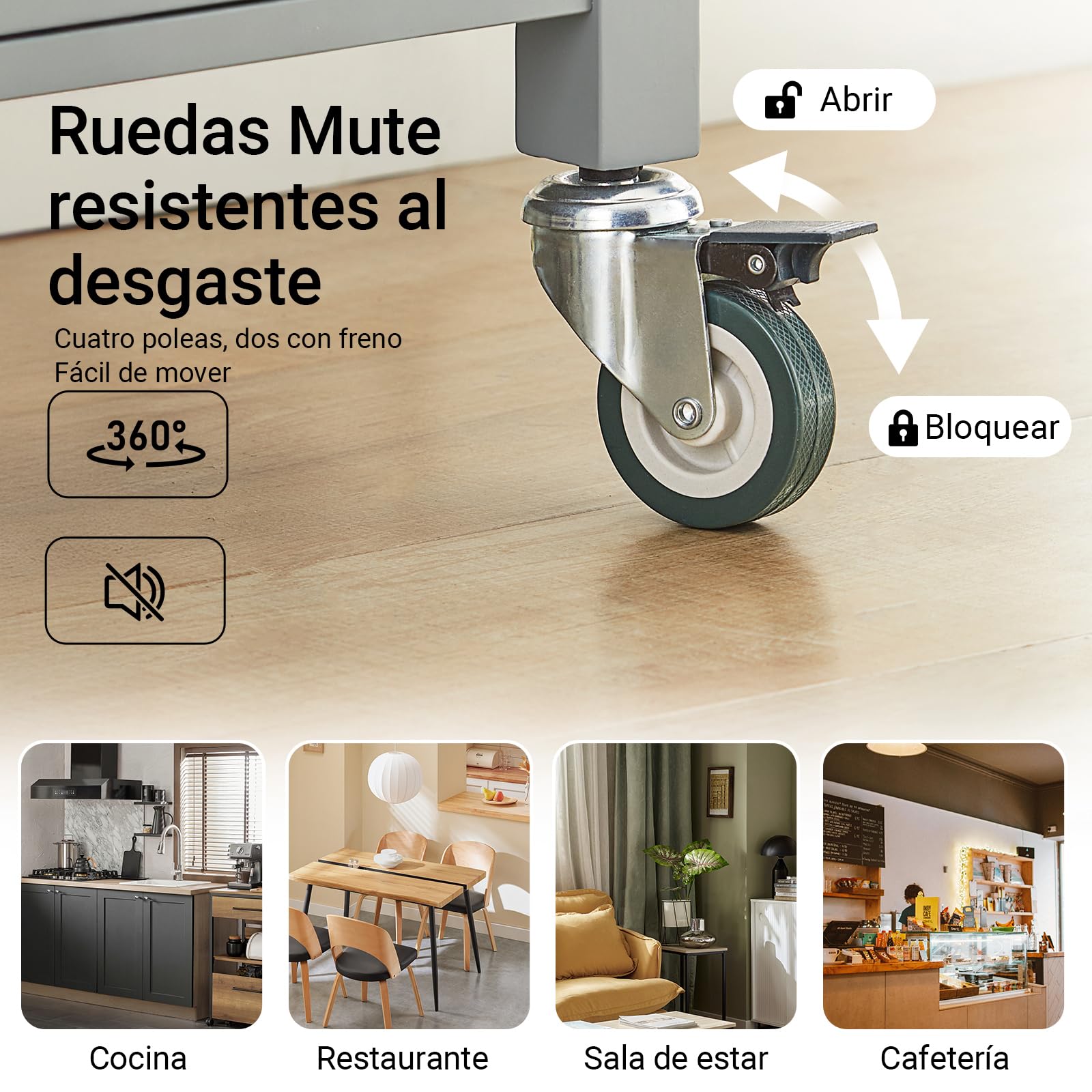SoBuy Carrito Cocina con Ruedas, encimera INOX & 4 Ruedas, 60x92x44cm | Mueble Auxiliar con cajón, estante abierto & armario de 2 puertas, compacto, MDF, cocina & exterior & dormitorio, FKW22-HG