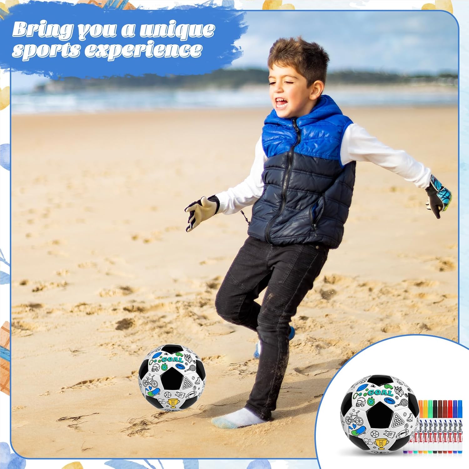 Size 3 Color Your Own Soccer Ball Black DIY Custom Craft Kit with Pump 12 Markers Personalized Youth Toddler Training Paint Your Own Toy Creative Gift for Kids (Black Soccer Ball, 3)