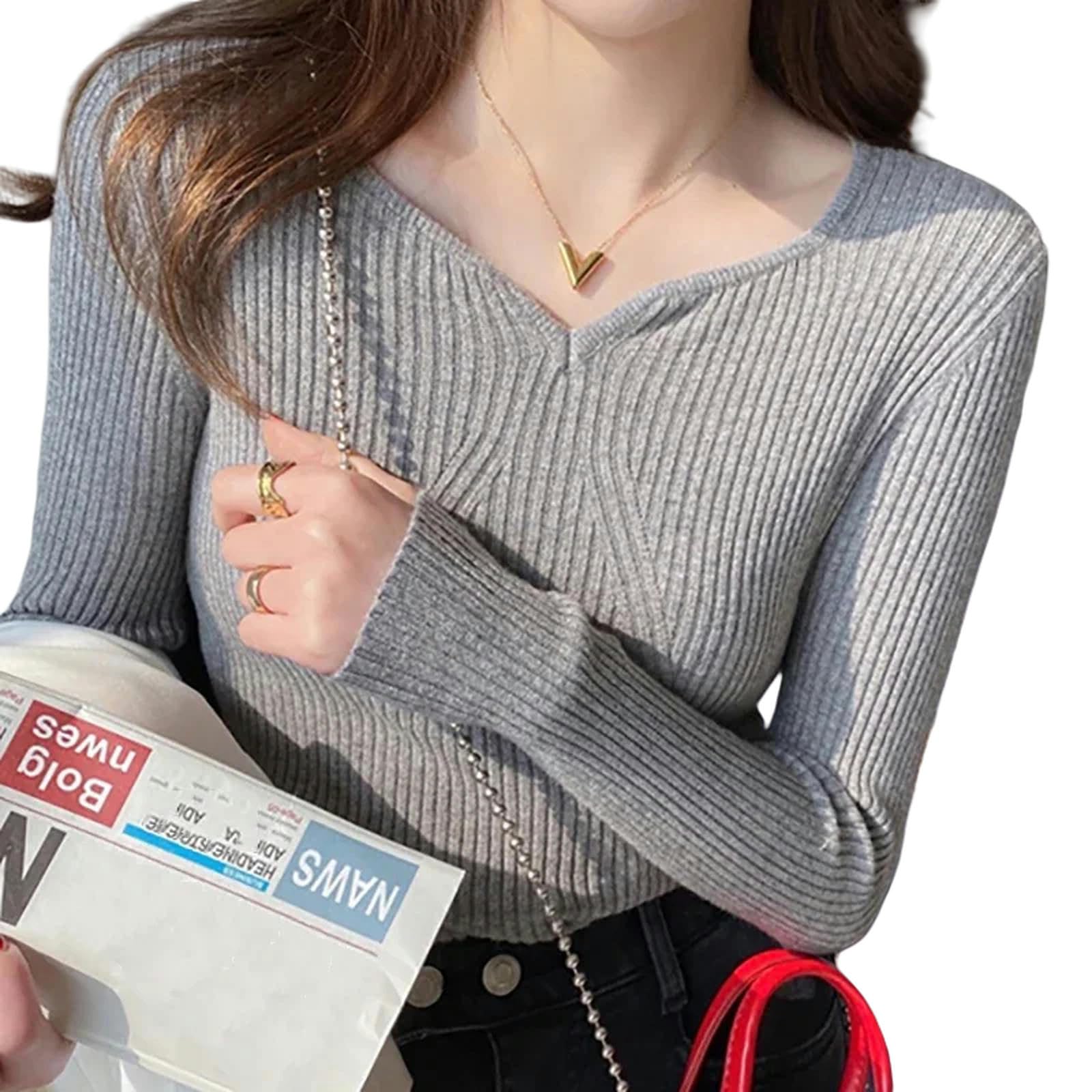 Maglione Donna Donne Maglioni con Fondo A V-Collo Sottile Inverno Autunno per Donne Pullover Casual Maniche Lunghe Maglietta Calda da Ufficio Caldo-Grigio-Una Taglia