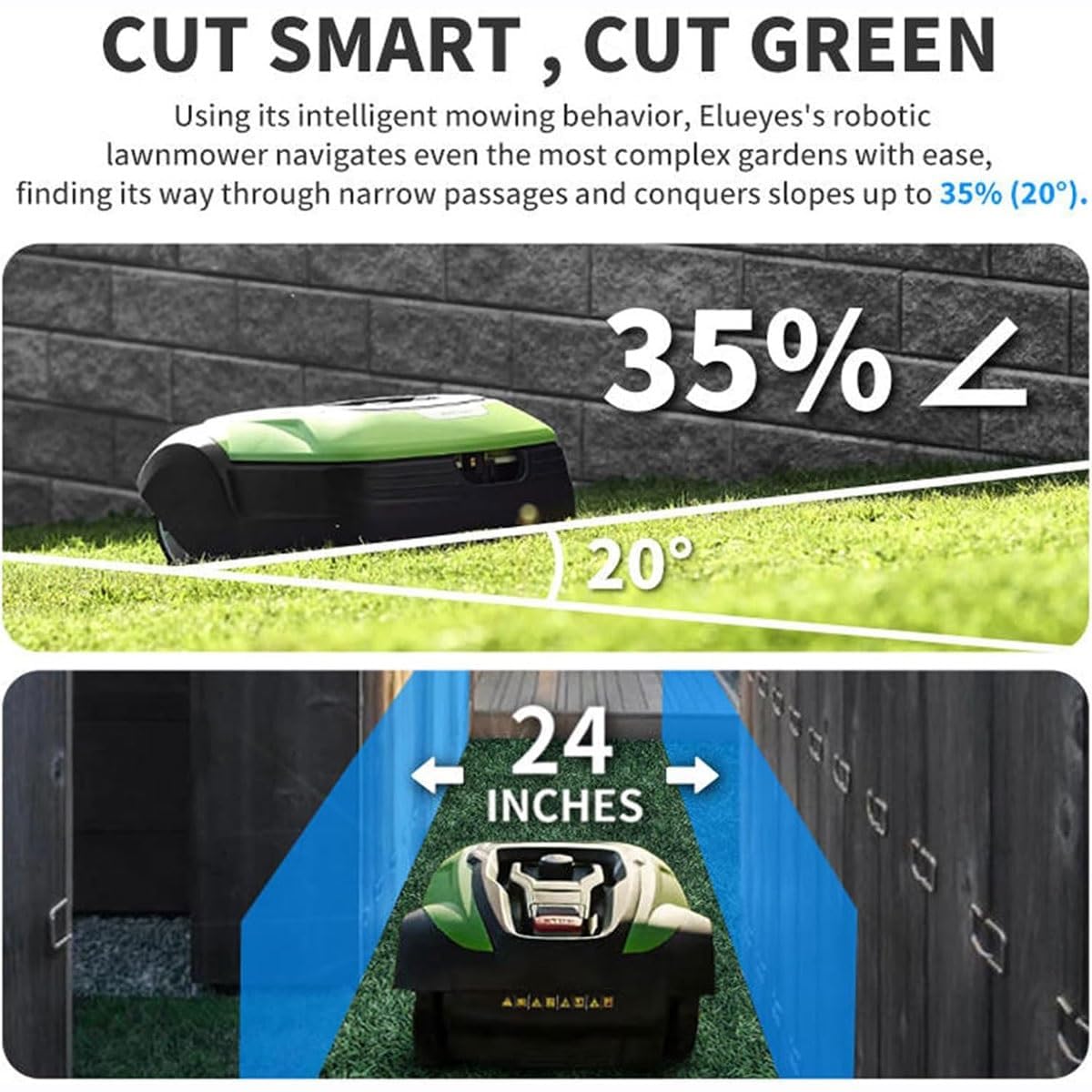 Cortacésped robótico con Carga automática, Control Mediante aplicación, Altura de Corte de 20 a 60 mm y Pendiente del 35%.