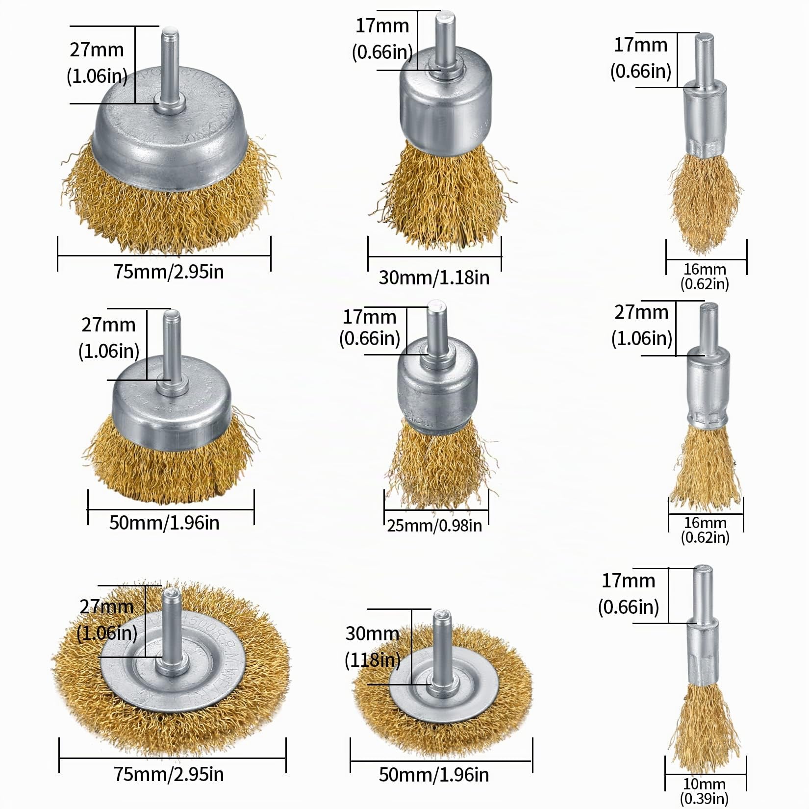 11 Pezzi Spazzole Metalliche per Trapano, Spazzola Ottone a Tazza per Ruggine Metallo Legno Trapano Smerigliatrice con 1/4 Pollice Gambo Filo Acciaio per Rimozione Ruggine/Corrosione/Vernice