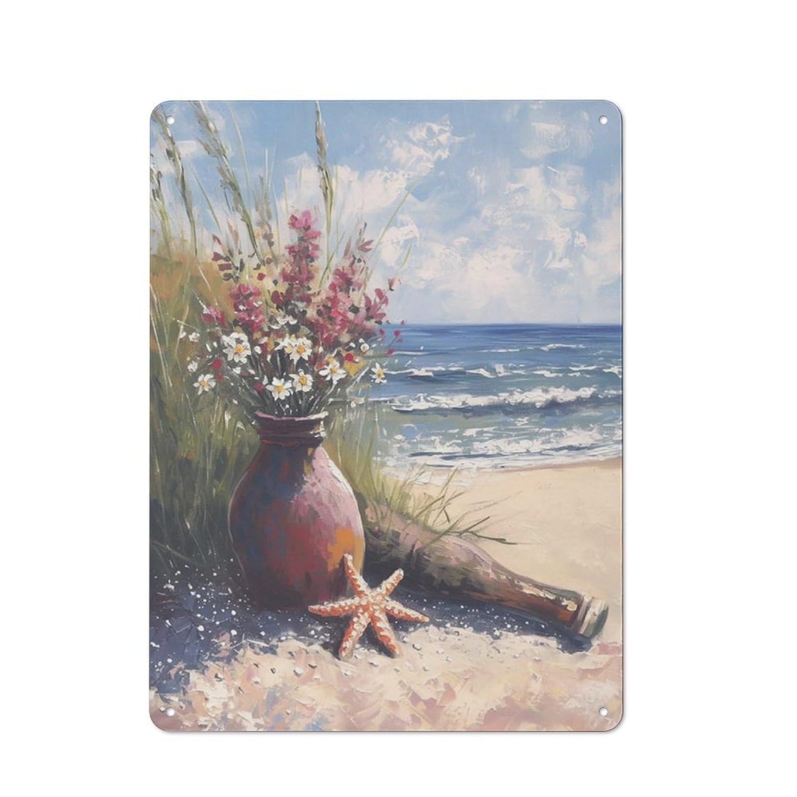 Rustic Metal Tin Sign, Blue Ocean Daisy Floral Wall Art, Coastal Seascape Printed Painting, Fresh Style Decor for Sea Themed Bedroom Home, 12x8 Inch