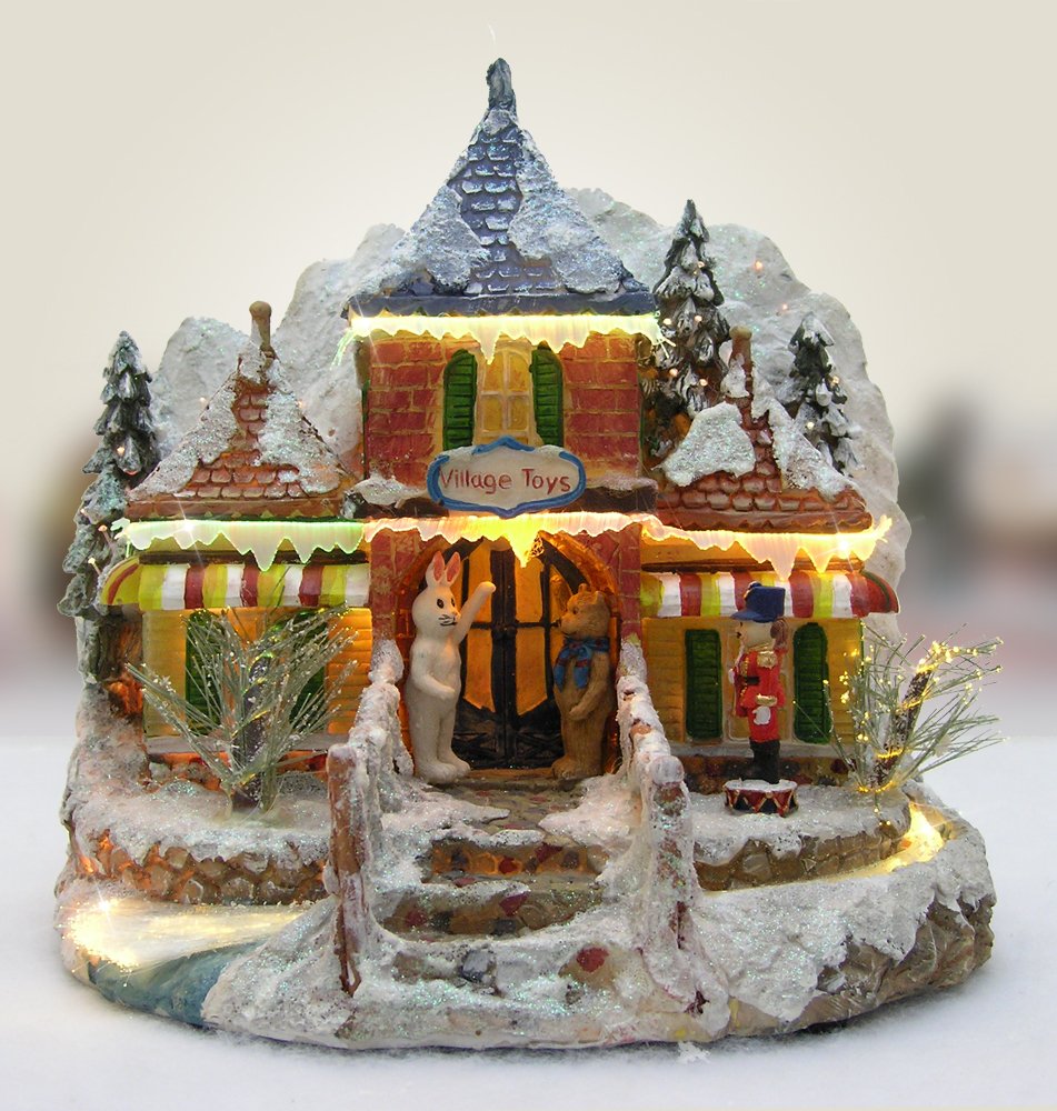 BANBERRY DESIGNS Lighted Toy Store - Christmas Mountain Village - Fiber Optics and LED Color Changing - Measures: 10