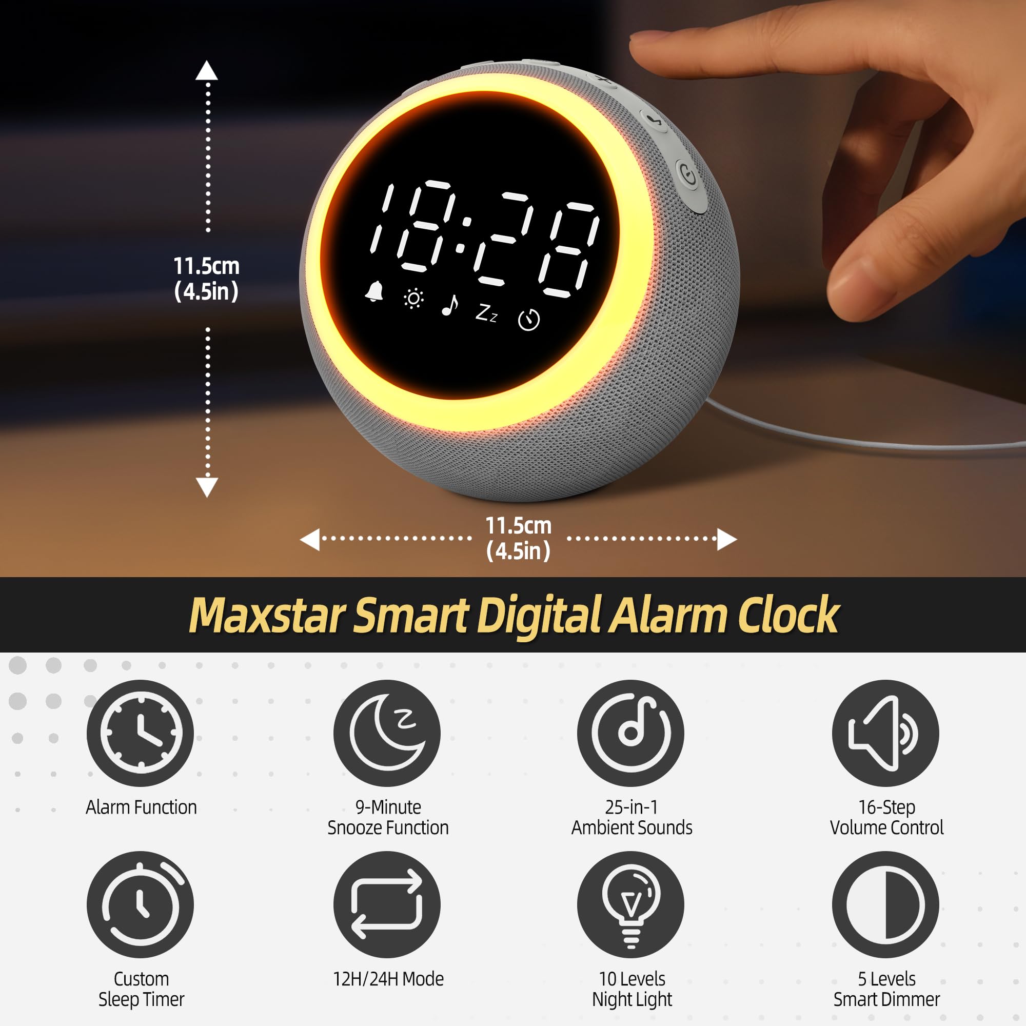 Smart Digital Wecker mit 25 Entspannungstönen, Nachtlicht, Schlummertaste, Timer & Einstellbarer Lautstärke/Helligkeit - Weißes Rauschen Schlafhilfe für Kinder, Mädchen, Erwachsene im Schlafzimmer