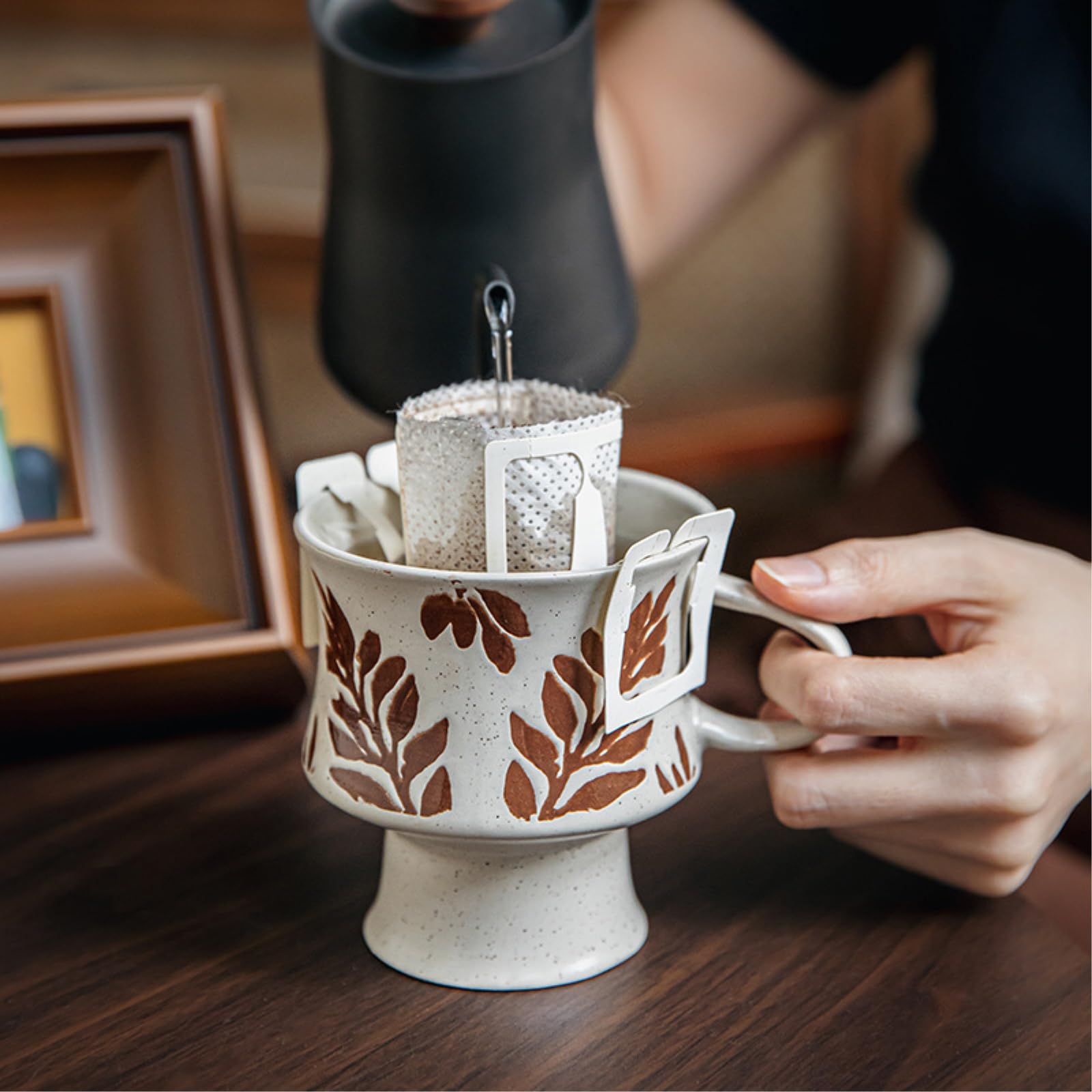 Taza de cerámica de 300 ml, taza de café retro para el hogar, flor azul, 300 ml