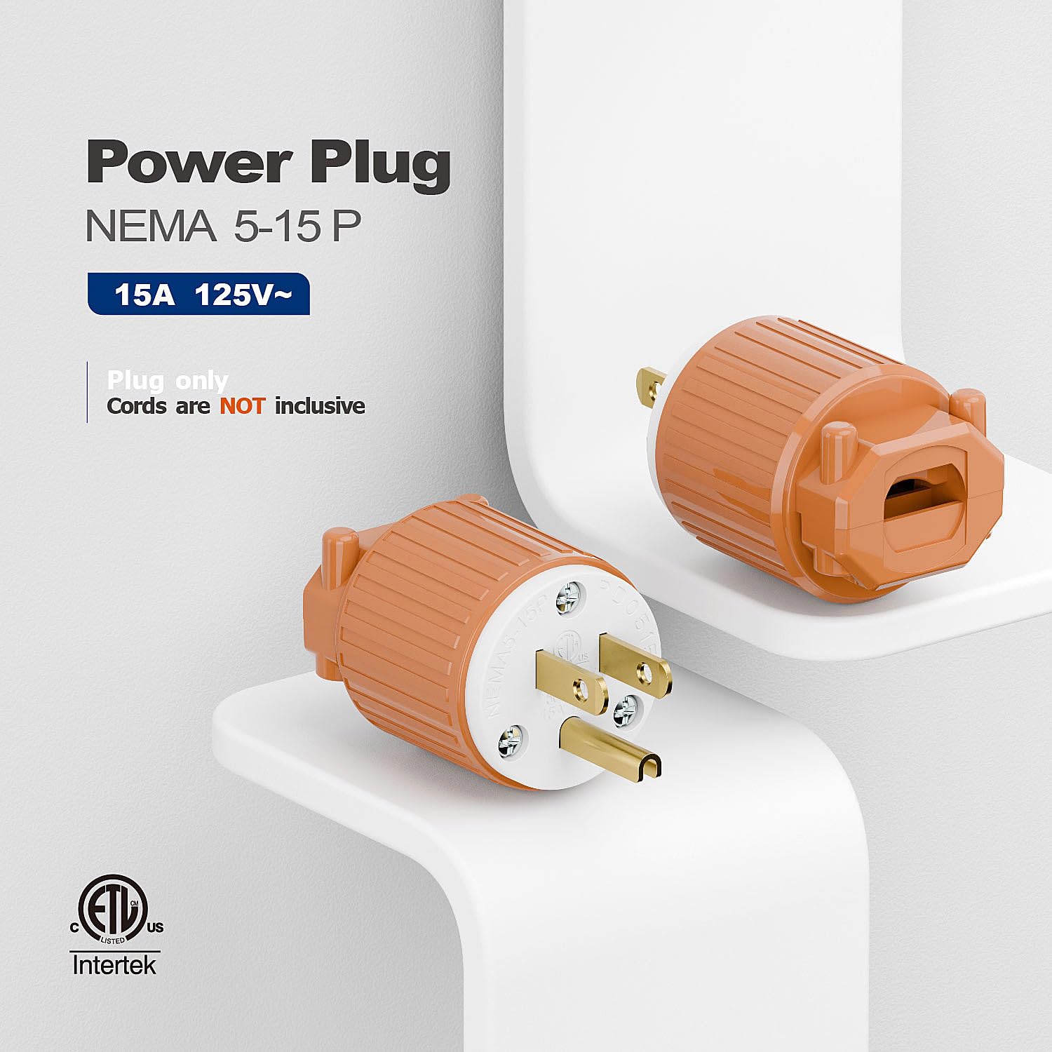 Nema 5-15P Plug, 15 Amp 125 Volt Replacement Plug, Rewirable Male Connector with Screw Terminal & Strain Relief - Heavy Duty Contractor Grade for Extension Cords, DIY Power Cords,5(Pack) Orange+White