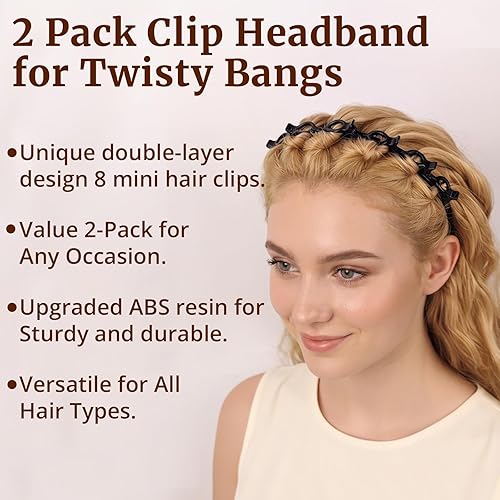 Miniatura 9 de Paquete de 2 diademas con clip para flequillo giratorio, accesorios para el cabello de los años 90 para mujeres con 8 mini clips, diademas trenzadas