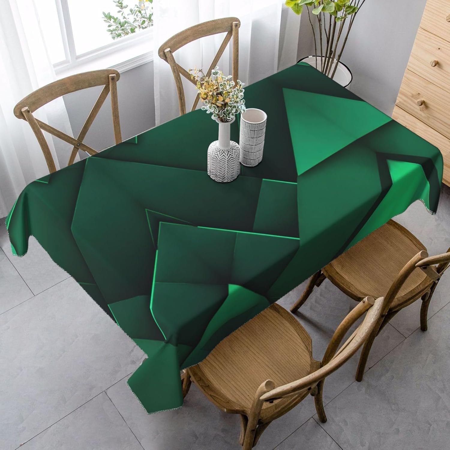 Prostokątny obrus 140 x 300 cm zielona geometria, tkanina poliestrowa odporna na plamy i zmywalna, ochraniacz stołu dla 8-10 osób, do użytku w kuchni, salonie, wewnątrz i na zewnątrz 5718v