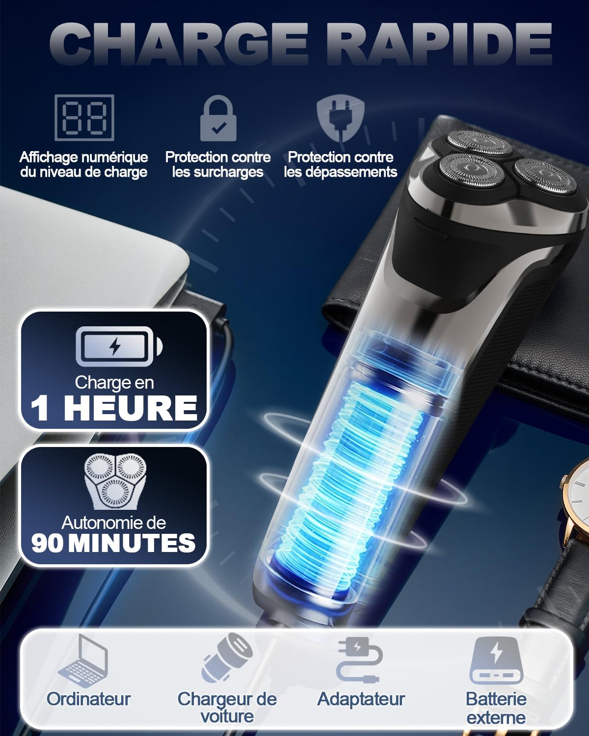Rasoir Électrique Homme avec Écran LCD, 4D Tête Flottante, IPX7 Étanche pour Rasage Sec et Humide, Rasoir Barbe Homme Rechargeable USB avec Tondeuse Rétractable, Rasoir Sans Fil (Argent Électroplaqué)