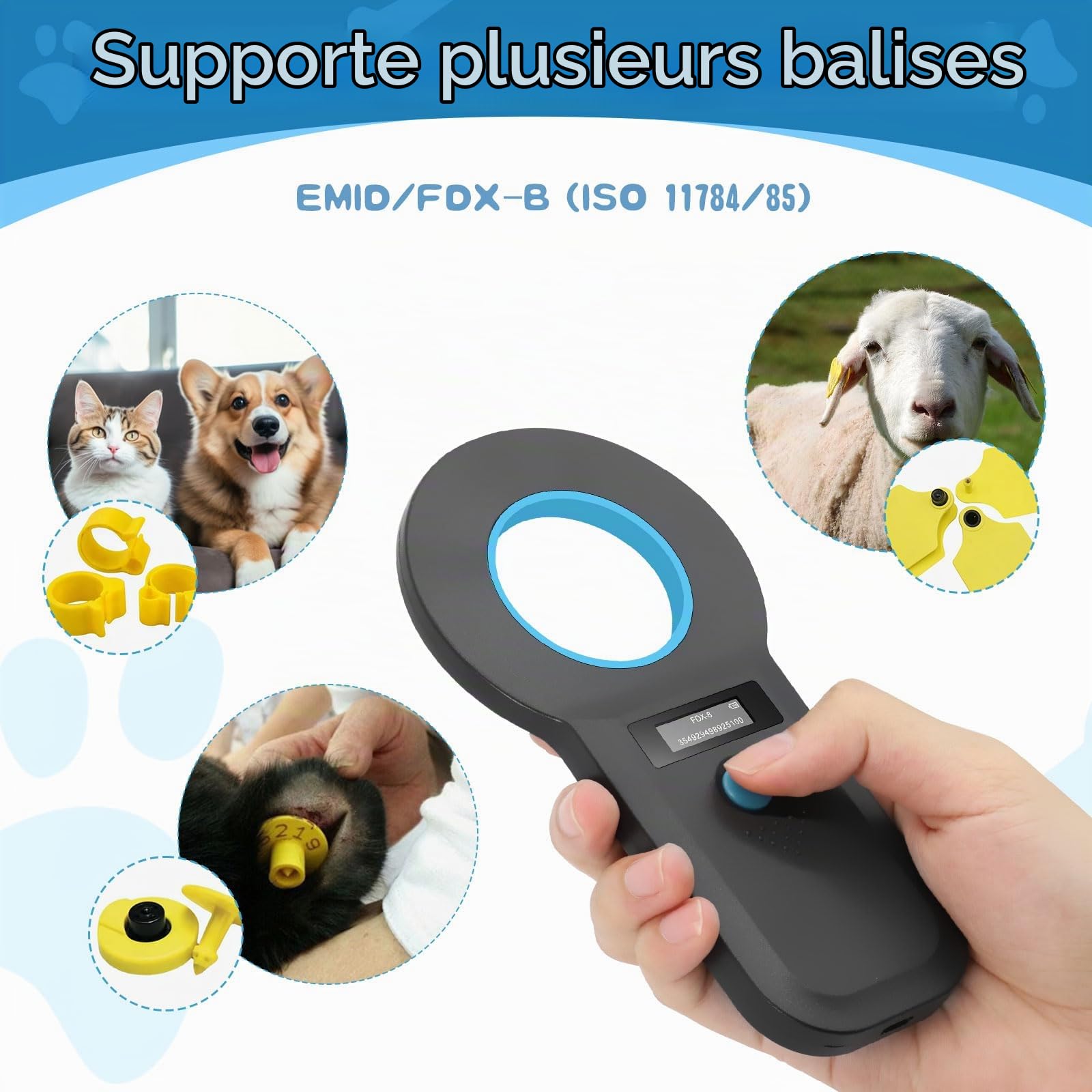 Scanner de Micropuces pour Animaux de Compagnie Bluetooth, Lecteur USB RFID pour Animaux de Compagnie, Rechargeable Scanner de Micropuces OLED pour FDX - B (ISO 11784/11785)/EMID