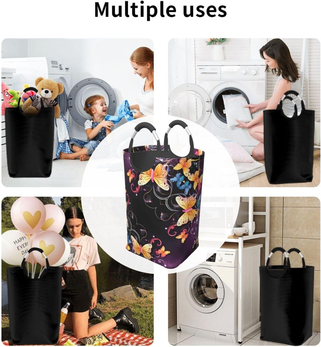 (Butterflies) Laundry Basket Collapsible Clothes Hamper, Laundry Bag with Handles Blanket Toys Storage Blanket, Dorm Room Essentials Accessories 12.6x11x22.7 in