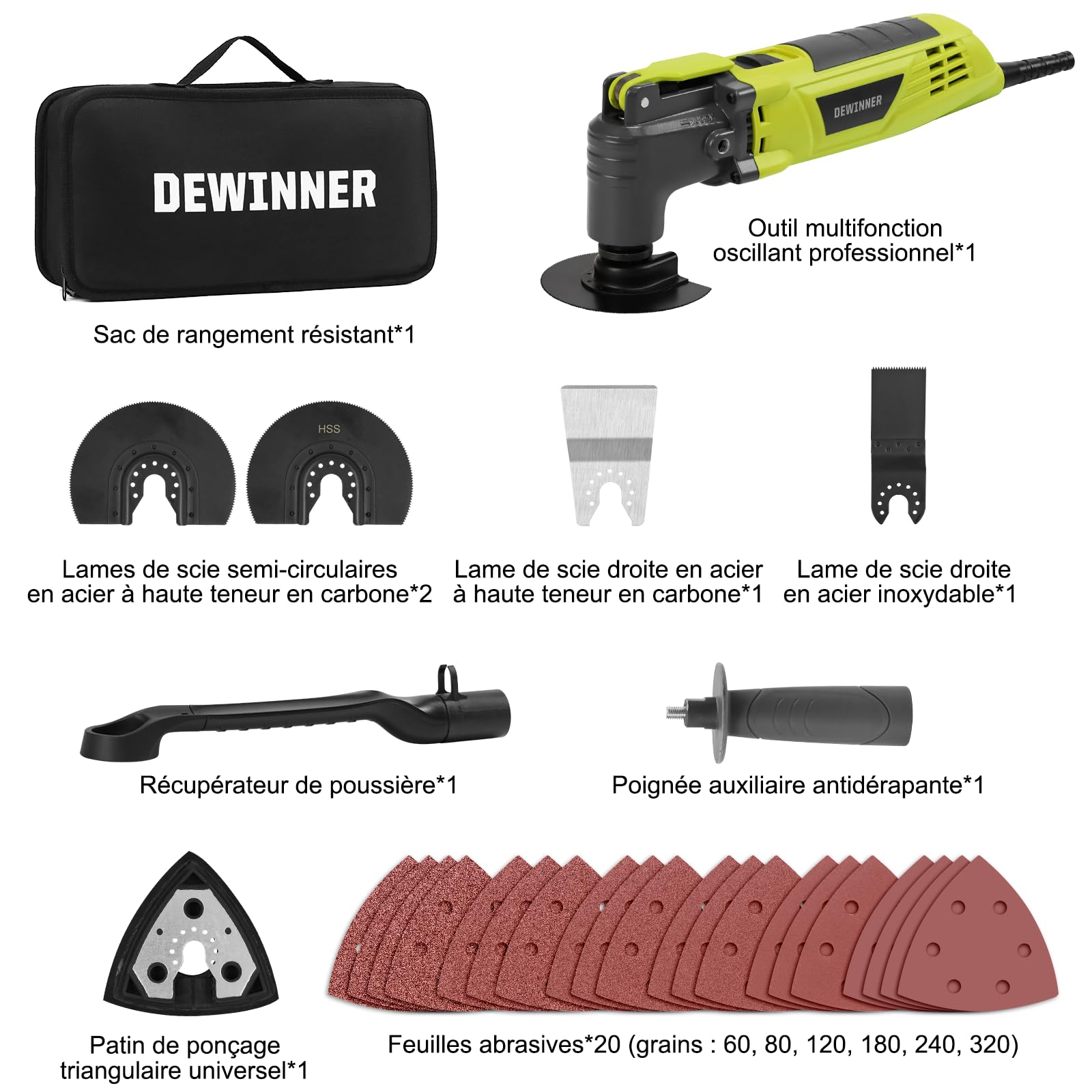 DEWINNER Outil Multifonction Oscillant, 300W Outils Oscillants, Angle Oscillant 3 °, 6 Vitesses Variables 15000-22000RPM, 28 Accessoires, Multi Outil Oscillant pour Couper, Poncer, Gratter, Scier