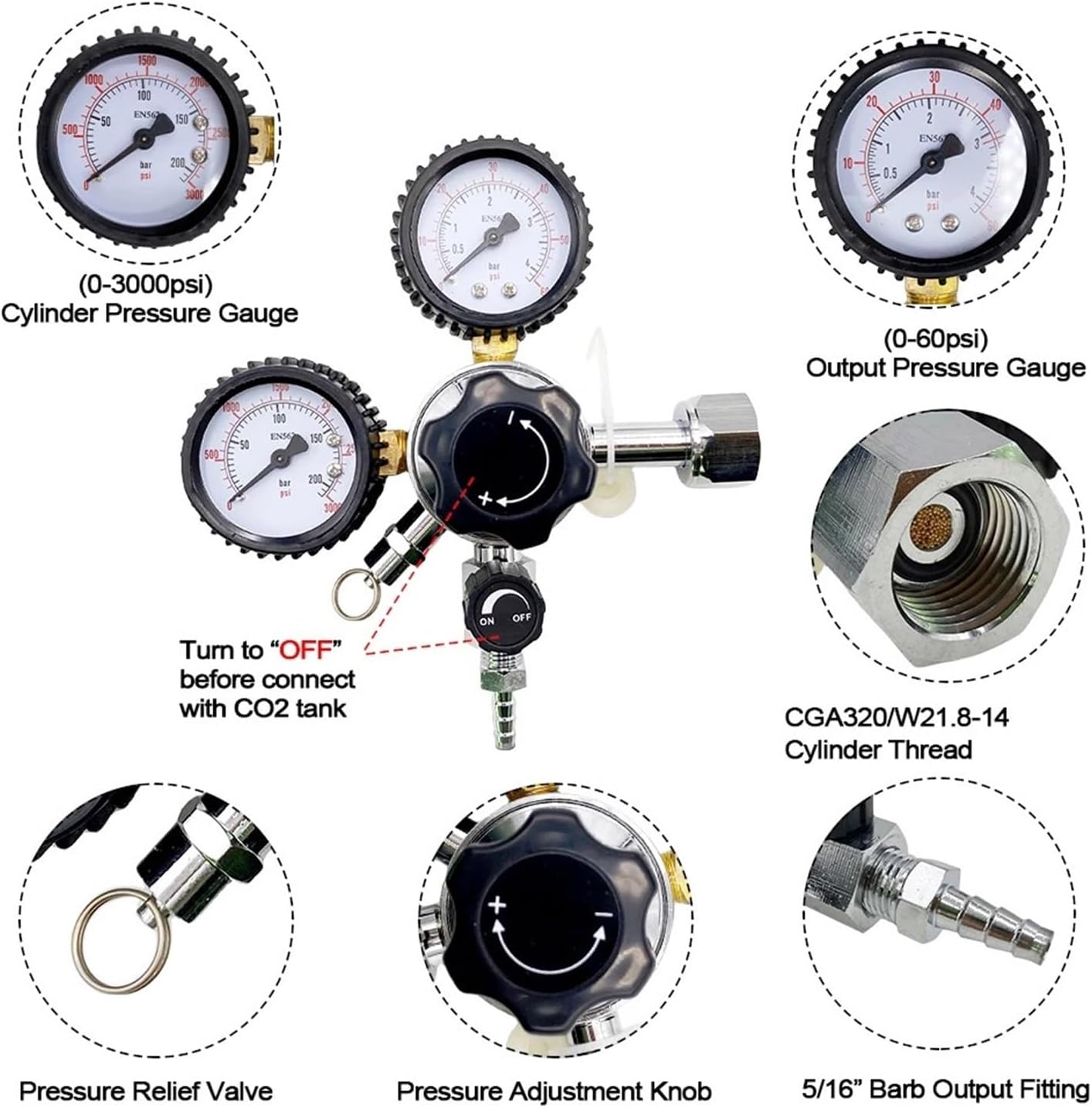 co2 regulator, Beer CO2 Keg Regulator Safety Pressure Relief Valve 0-3000PSI Tanks Double Gauges Homebrew,for kegerator(Regulator CGA320)