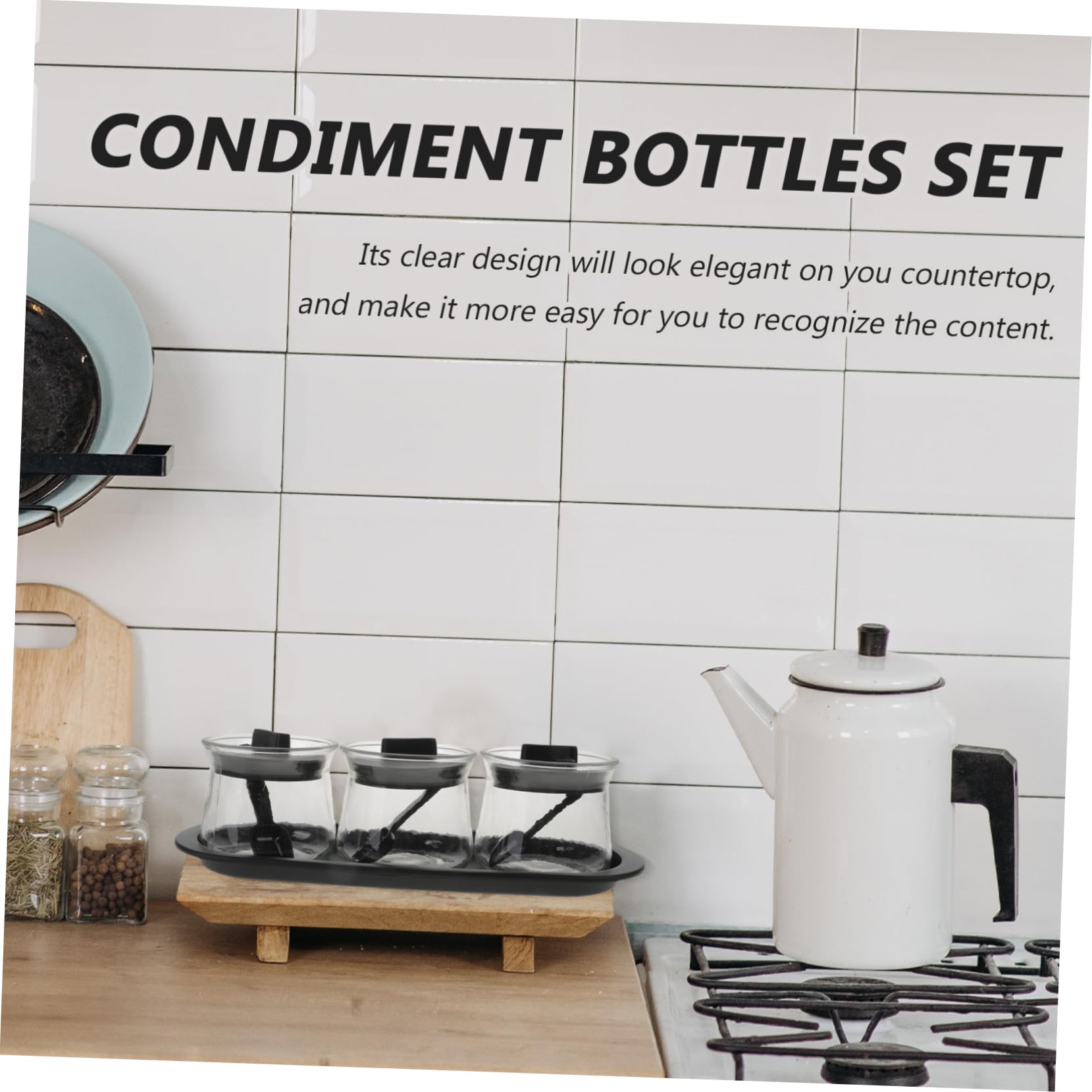 Set 3 Contenitori per Spezie da Cucina Trasparenti in Vetro Soda con Cucchiai Dosatori e Vassoio, Barattoli per Condimenti in Pp per Sale, Pepe e Salse, Pratici per Uso Quotidiano