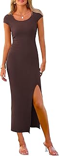 Women's Bodycon Maxi Dress Casual Summer Cap Sleeve Ribbed Knit Fitted Party Club Long Slit Dresses - Buy now