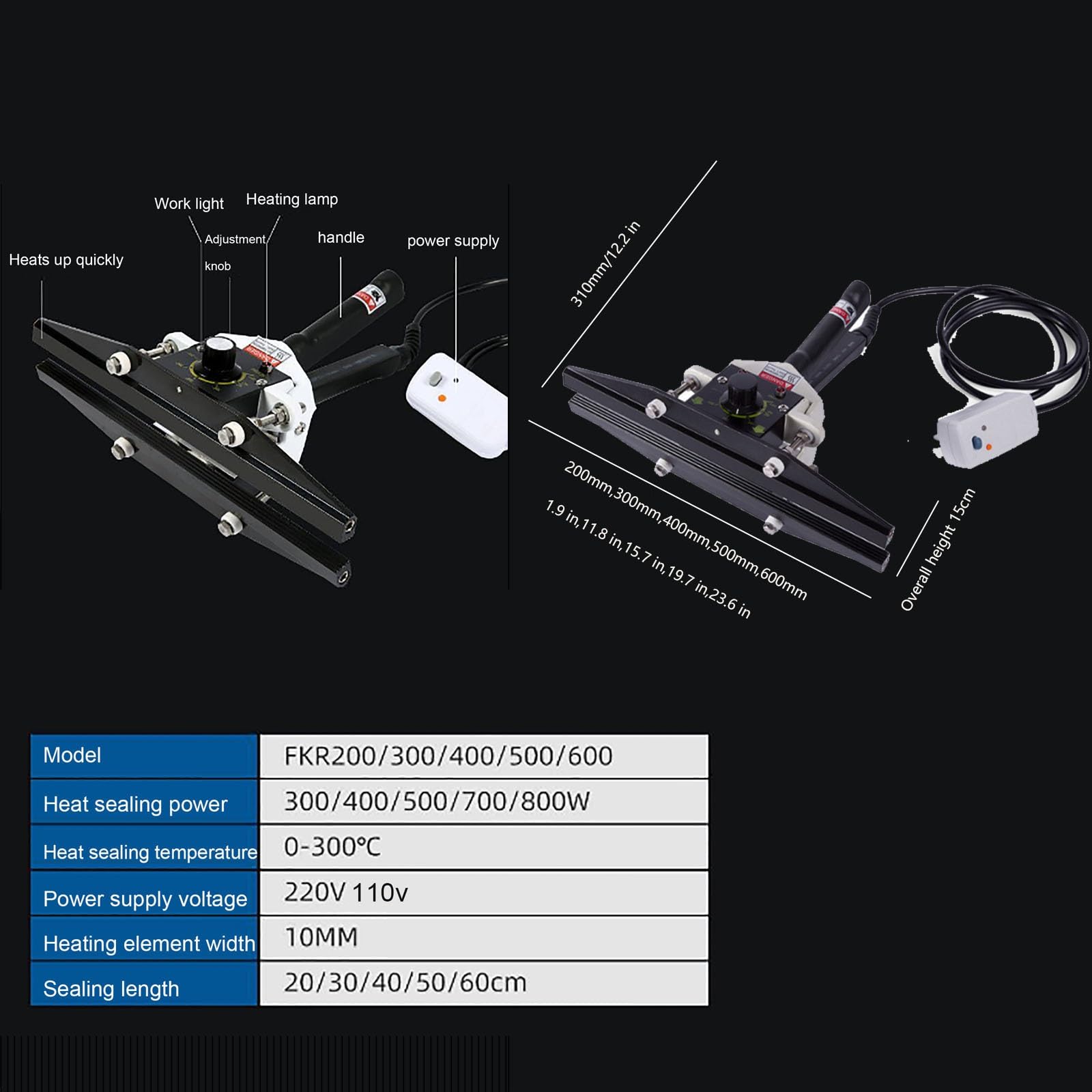 Selladora térmica de 600 mm, máquina de sellado portátil de mano para papel de aluminio y bolsas de papel kraft, 800 W con temperatura ajustable hasta 300 °C, ideal para sellar y embalar