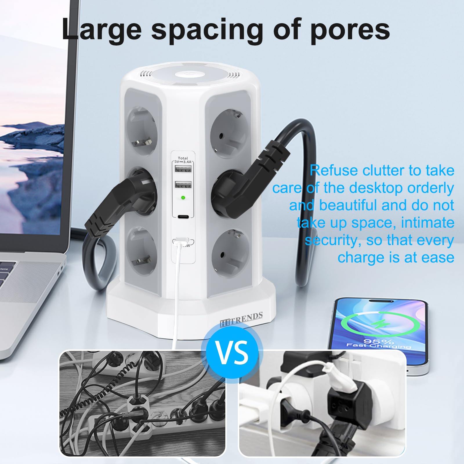 HITRENDS 12-Fach Steckdosenturm mit USB, Steckdosenturm mit 2M kable, (12Schuko+4 USB), Steckdosenleiste mit Überspannungsschutz für Küche, Büro (250V/16A,Weiß)