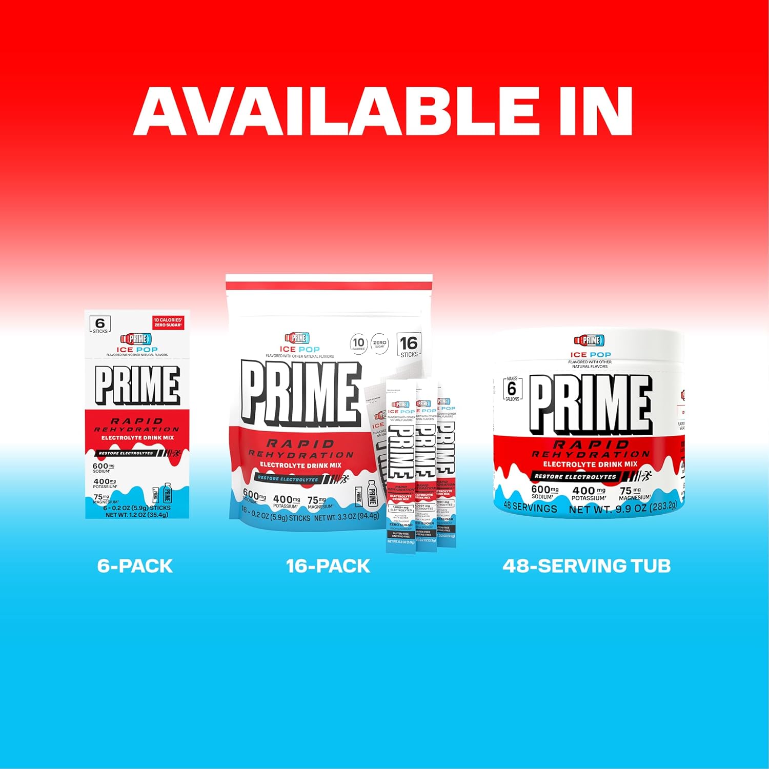 Prime Rapid Rehydration Electrolyte Powder, Ice Pop, Sugar Free Hydration Drink Mix with Sodium, Potassium, Magnesium & B Vitamins to Replenish Fluids, Caffeine Free, 6 Gallon Tub, 48 SRV
