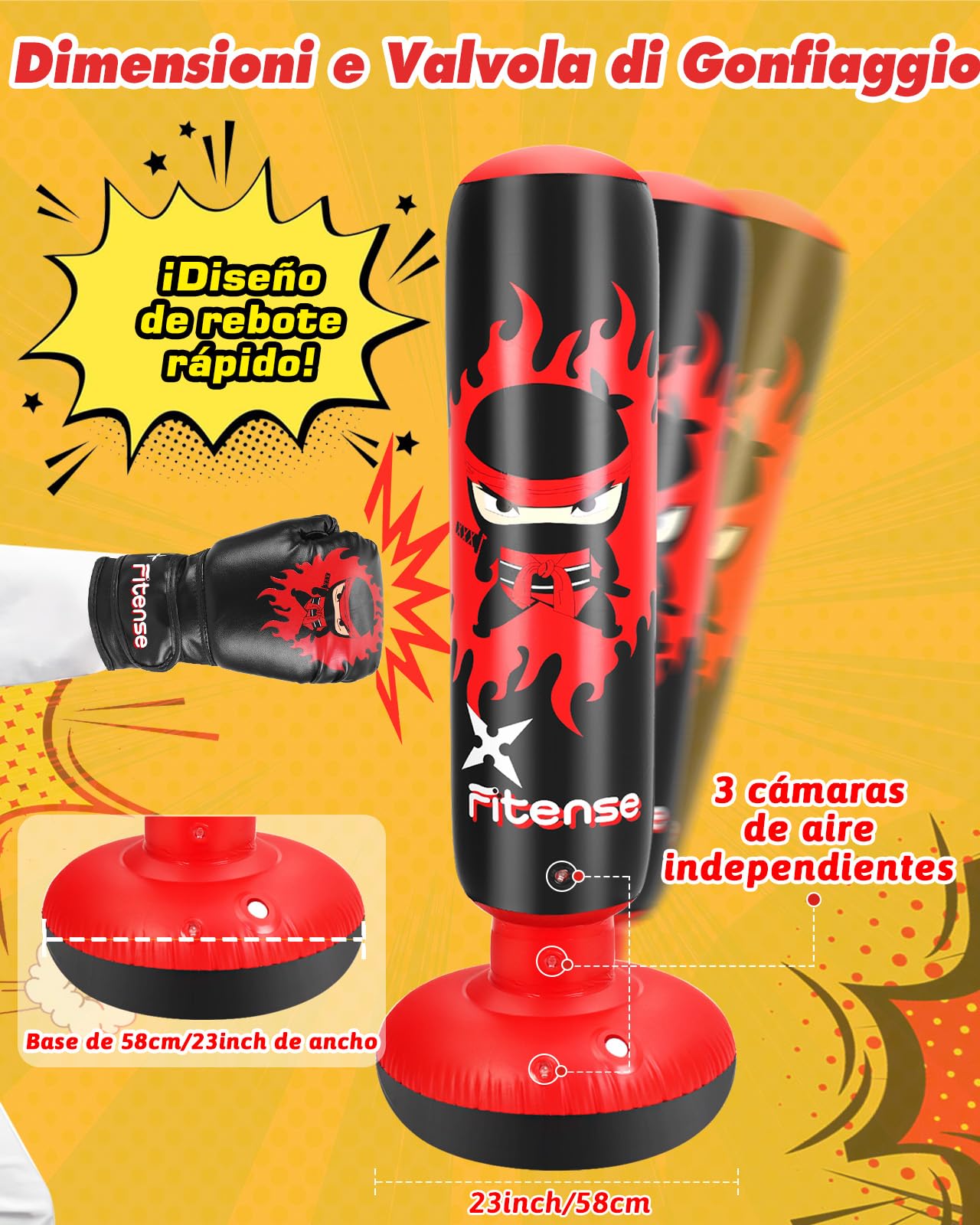 Fitense Saco de Boxeo Niños, 160cm Boxeo Saco Inflable con Guantes y Bomba, Punching Ball Estable para Niños y Niñas, Set Regalo Saco de Boxeo de Pie para Práctica de Karate, Taekwondo, MMA,Rojo Ninja