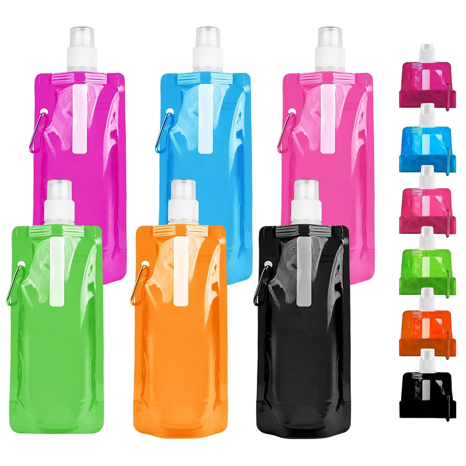 RHZXD 6 Stück Faltbare Wasserflaschen, 500ML Faltbare Trinkflasche, 6 Farben Wiederholbare BPA-freie Wasserflasche mit Clip für Outdoor-Sport, Radfahren, Wandern, Festival