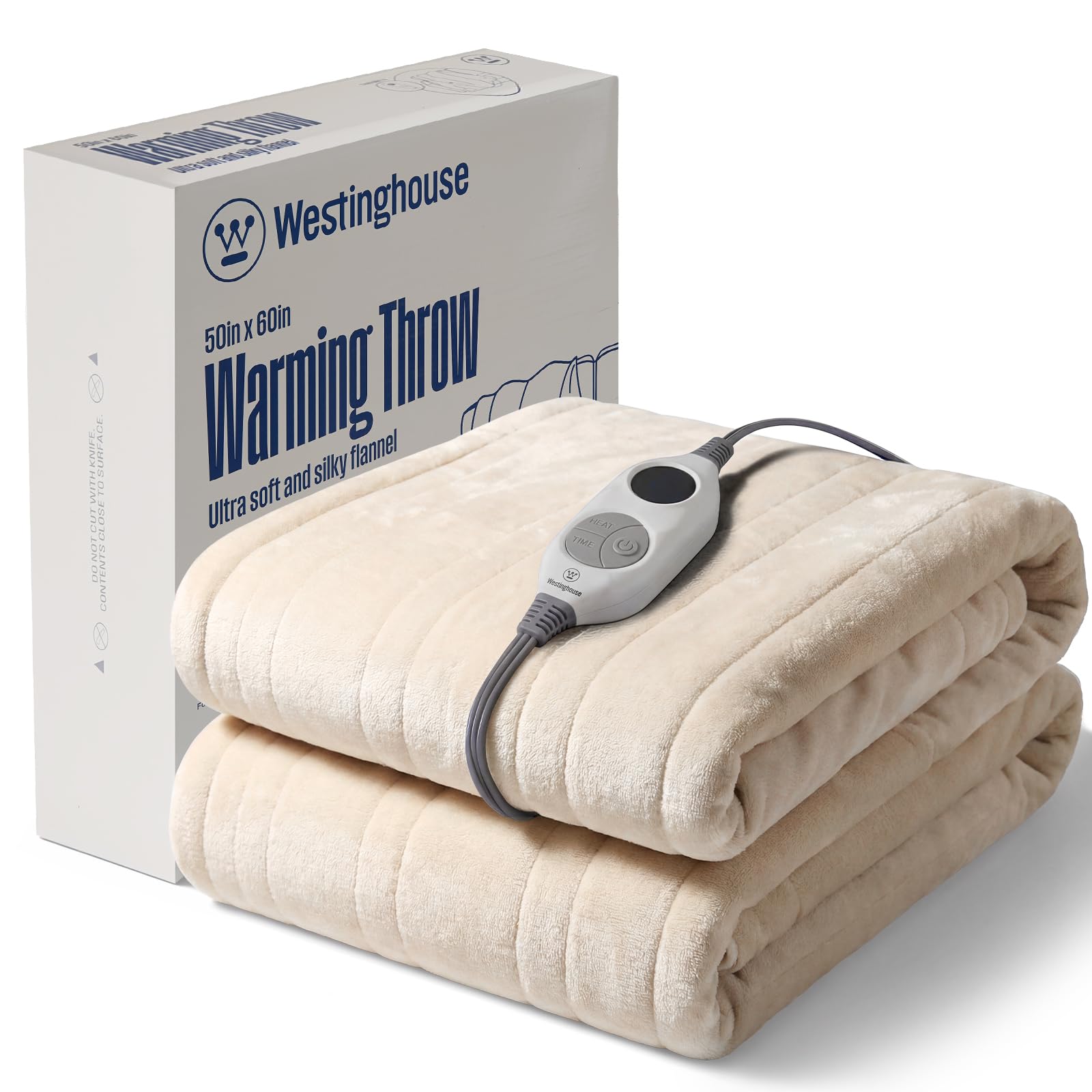 westinghouse electric blanket throw heated blanket with 6 heating levels and 2-10 hours time settings, flannel super cozy heated blanket machine washable (beige, throw size 50 * 60")