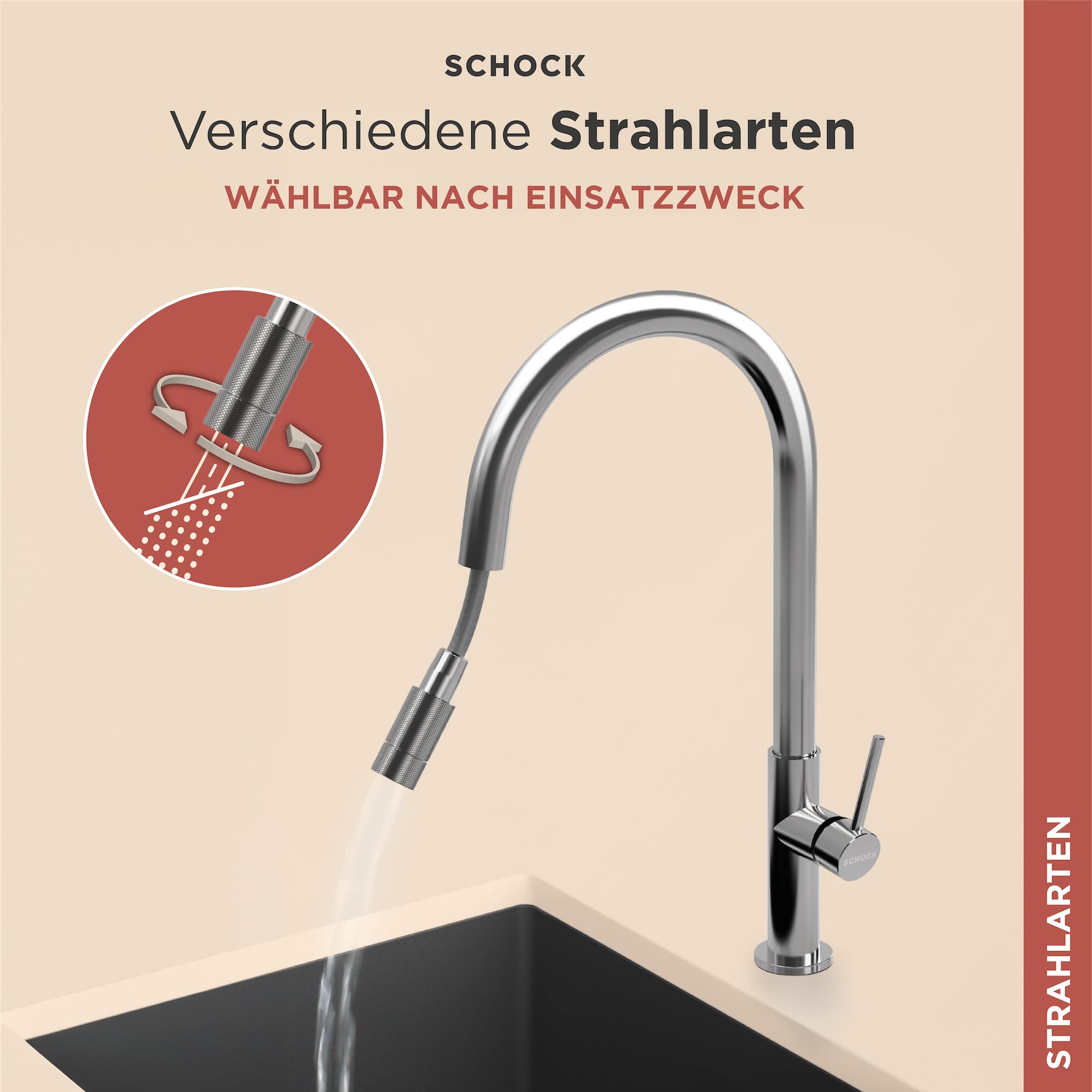 SCHOCK Wasserhahn Küche Talia Edelstahl | Küchenarmatur mit herausziehbarer Brause für Spülbecken und Waschbecken | Hochdruck Armatur Küche passend für Einbauspüle und Küchenspüle mit Mischbatterie