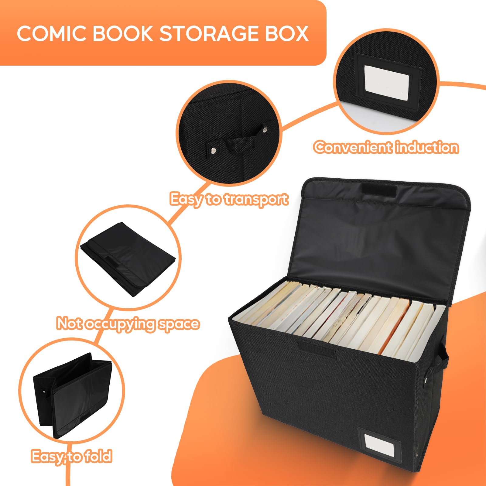 Confezione da 2 Scatole Portaoggetti per Fumetti, 40x20x30 CM può Contenere Fino a 150–180 Libri Scatola Corta Pieghevole per Fumetti con Manici con 2 Manici con Scomparto (Nero)