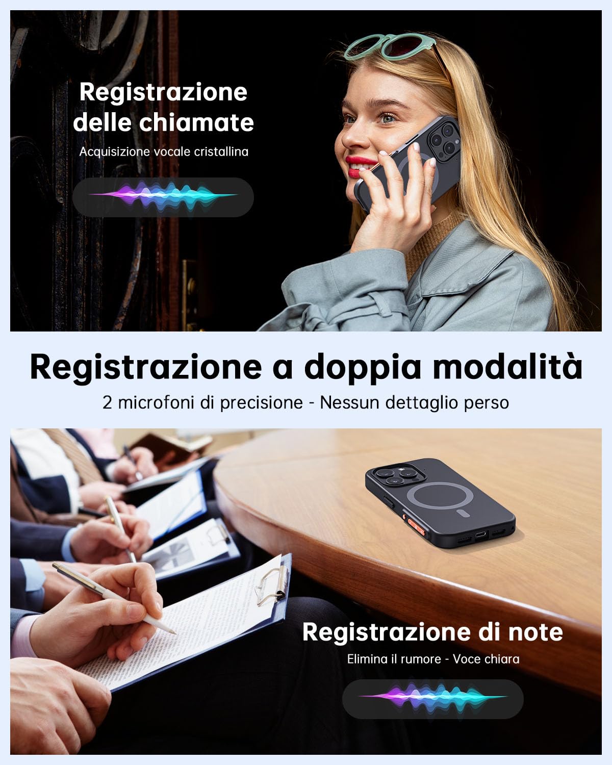 Registratore Vocale AI Custodia per Telefono, Memoria 32GB, Oltre 80+ Lingue, Trascrizione e Riassunto Automatico, Controllo App, per Riunioni/Interviste/Lezioni, Compatibile con iPhone 15promax