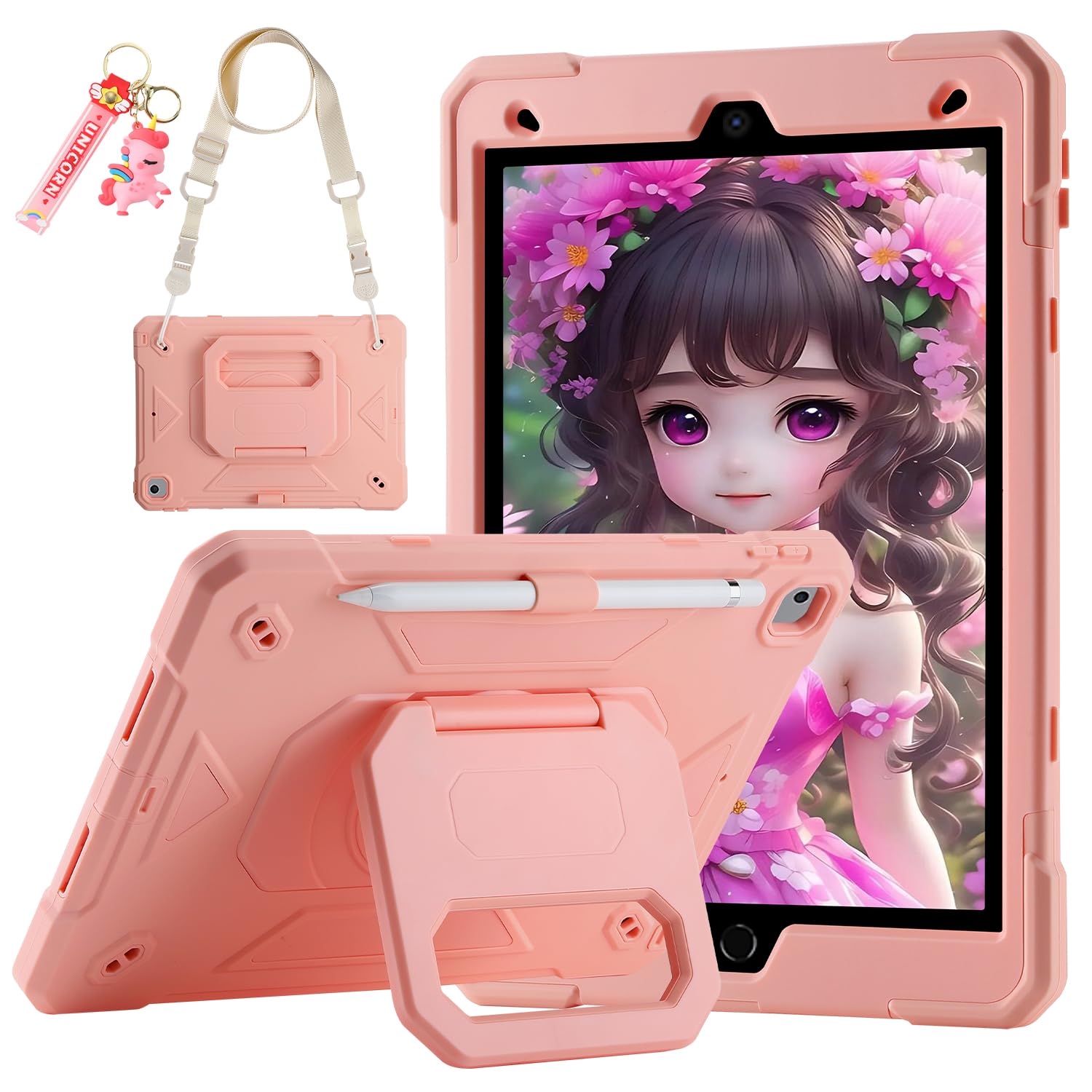 for iPad 9th/ 8th/ 7th Generation Case (iPad 10.2 inch Shockproof Case) with 360 Rotating Grip Magic Stand, Pencil Holder/Keychain/Carrying Shoulder