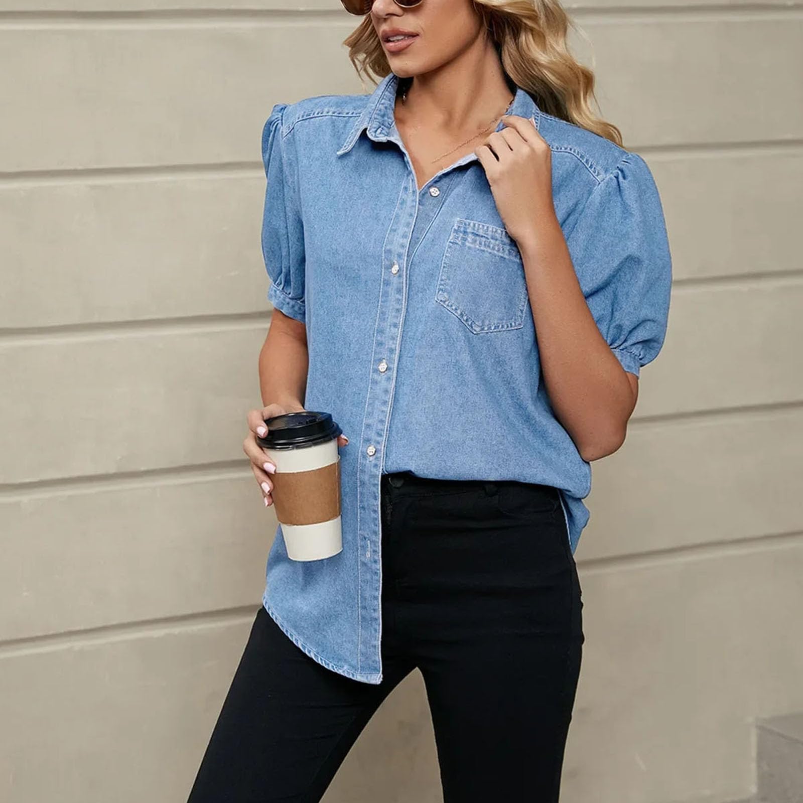 Camicia da donna in denim con maniche da principessa, colletto con risvolto, leggera, casual, versatile, alla moda