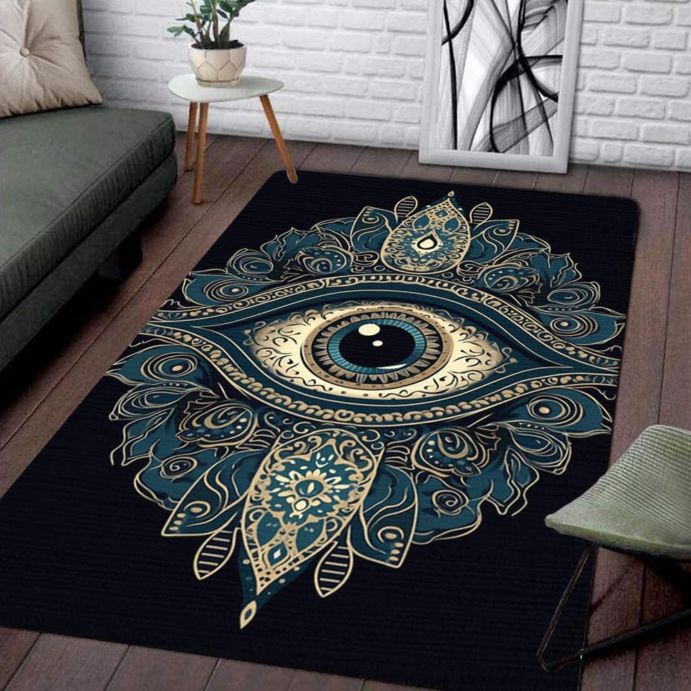 Evil Eye Area Rug - Boho Evil Eye Carpet - Black, 2x3ft, 3x5ft, 4x6ft, 5x8ft - Machine Made, Low Pile, Non Slip, Water Absorbant, Indoor/Outdoor
