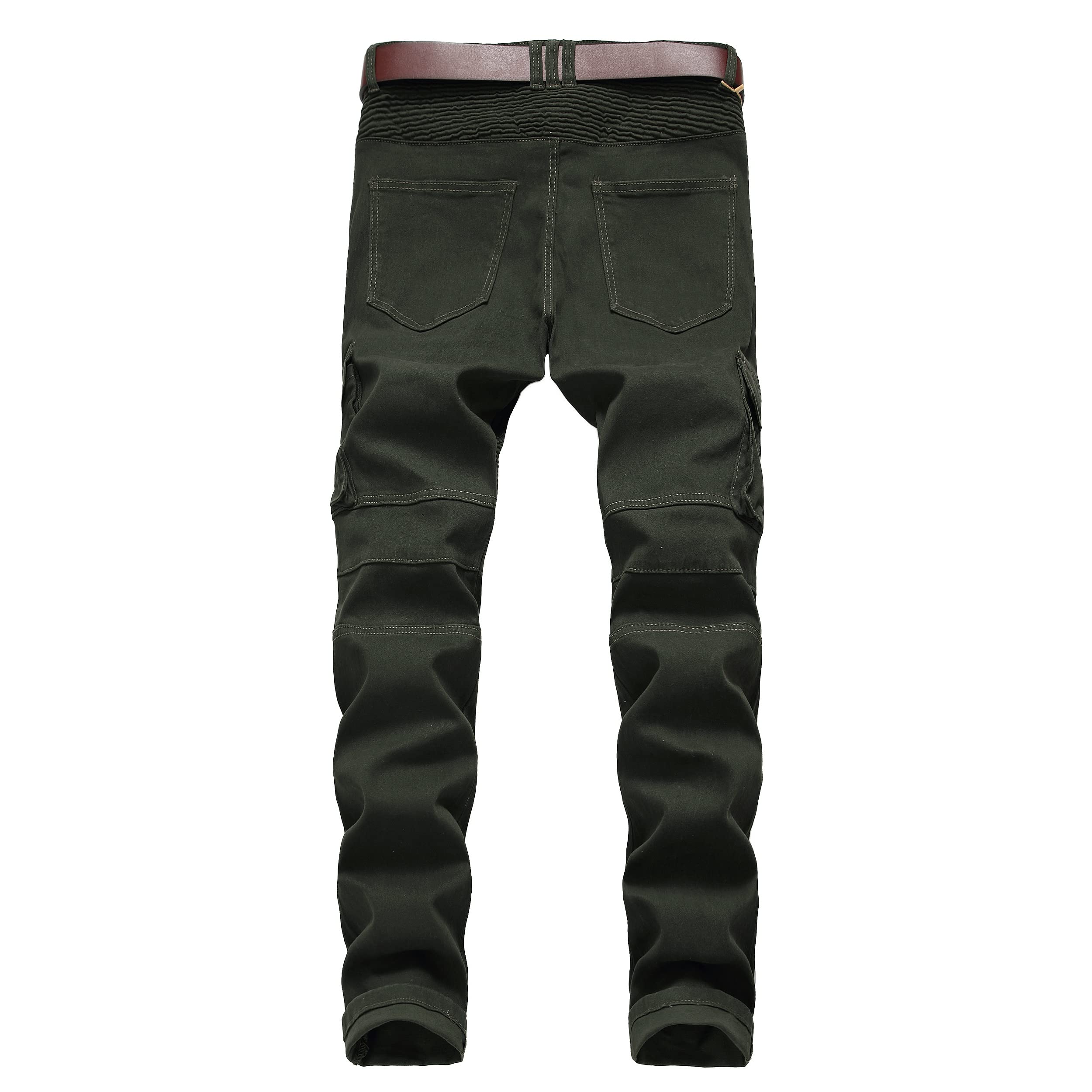 Jeans da motociclista slim fit da uomo, strappati, elasticizzati, distrutti, gamba dritta, pantaloni in denim da moto, Verde militare, 28