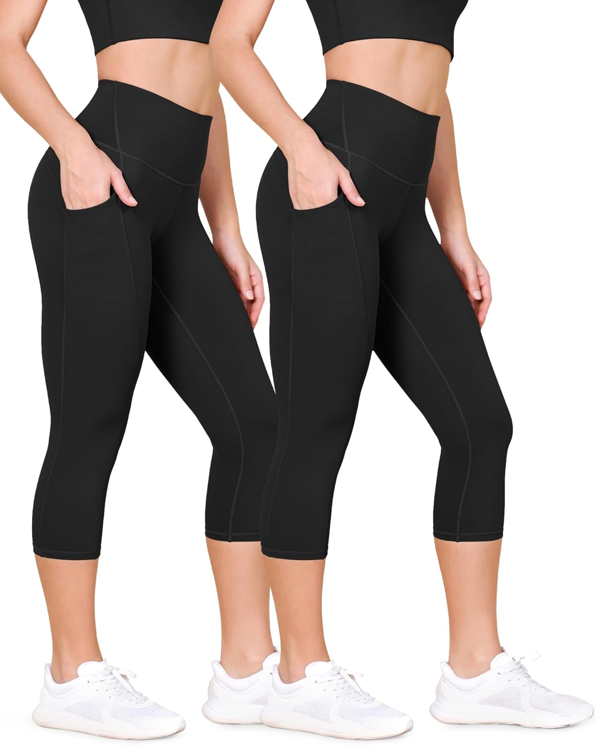 ODODOS 2-Pack High Waist Workout Capris with Pockets for Women, 14″ / 19″ Yoga Capri Leggings