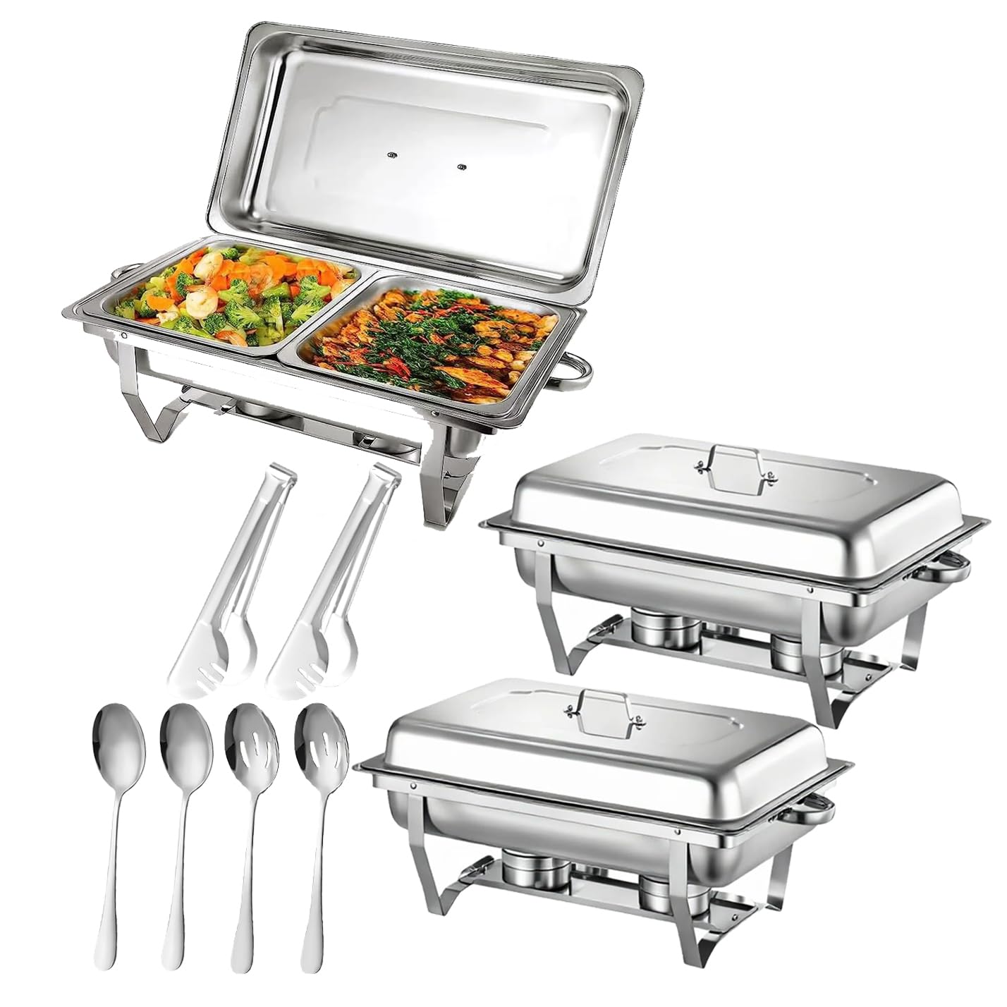Paquete de 2 platos de 9 L para bufé, catering, calentador de alimentos, sartén fría y caliente con soporte para tapa, juego de platos de cena de acero inoxidable grueso, servidor de buffet para