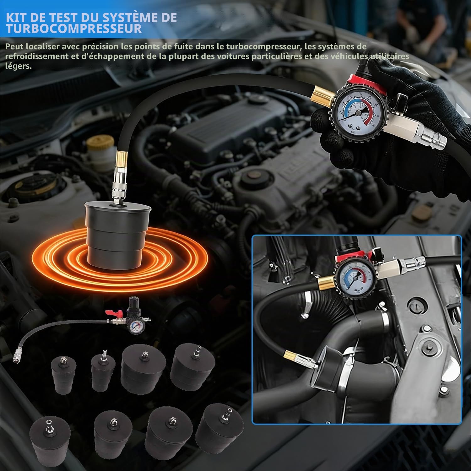 Testeur Fuite du Système Turbo, 9 Pièces Kit de Test de Fuite de Suralimentation, Test Fuite Boost du Système Refroidissement avec Testeur de Manomètre, Testeur de Pression 60 Bar à 80PSI