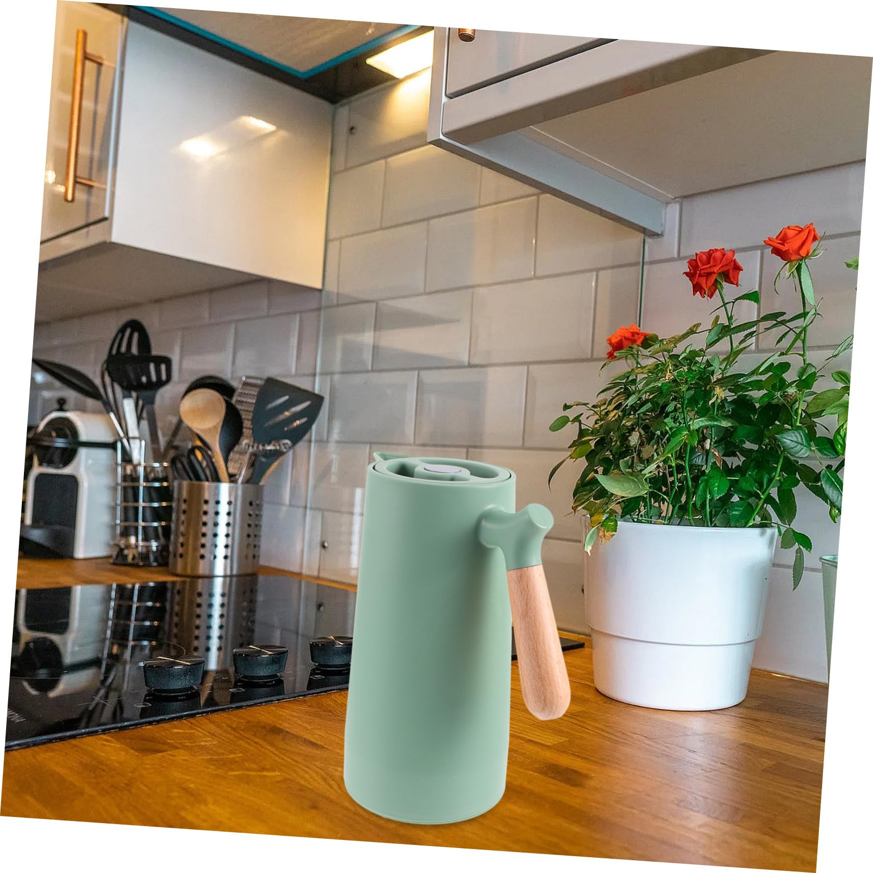 Haushalts Hitzebeständig Thermoskanne aus Glas mit Großer Kapazität und Isolierend und Breitem Holzgriff für Tee und Heißgetränke Zuhause
