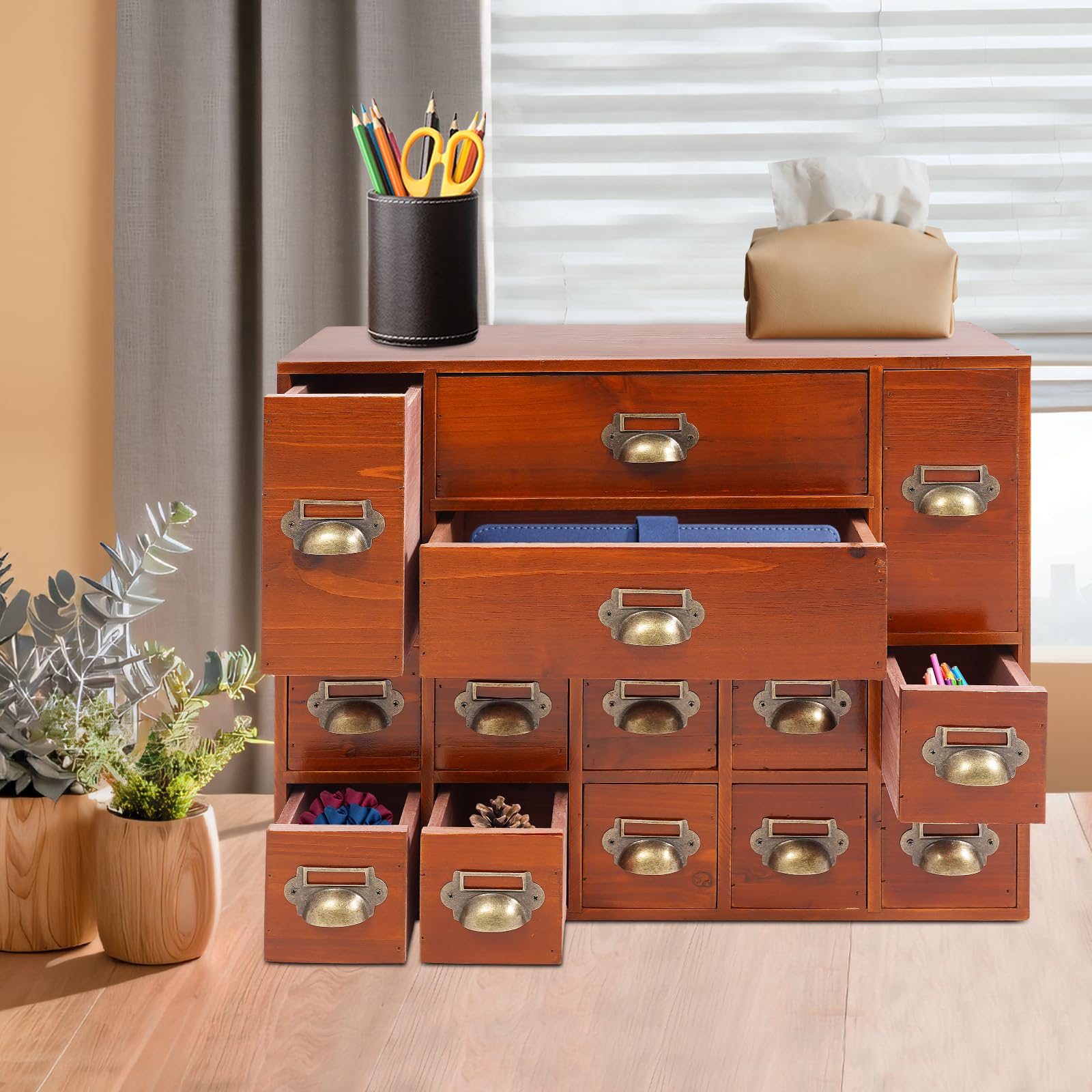 Vintage Apothekerschrank 14 Schubladen, Holz Schreibtisch-Organizer mit Schubladen, stapelbar Apothekerschrank mit Metallgriffen, für Desk Organisation und Lagerung Kräuter Aufbewahrungsbox