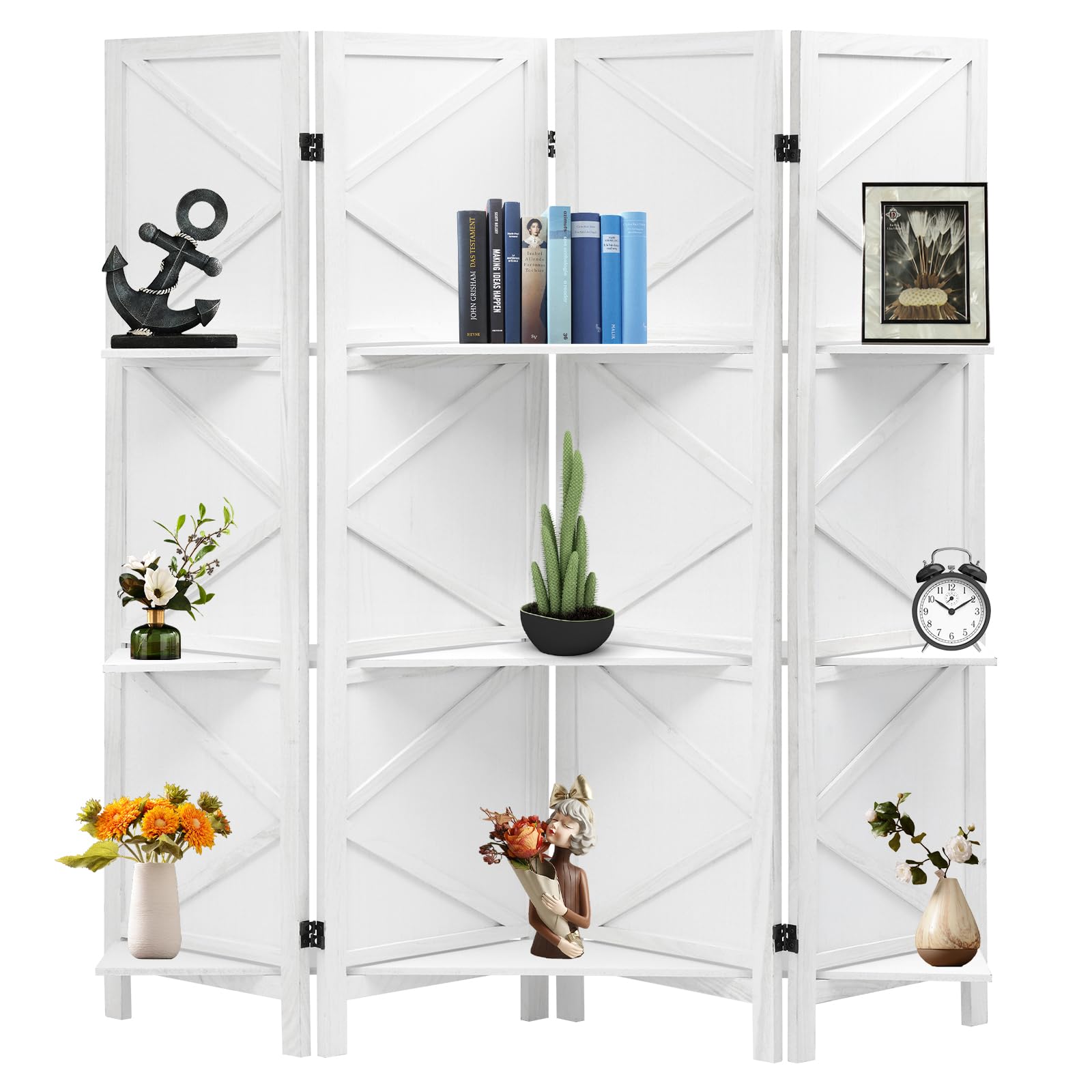 4 Panel Farmhouse Room Divider, 5.6Ft Tall Solid Wood Folding Room Divider Screen with Display Shelves, Rustic Room Dividers for Bedroom, Home, Office,White