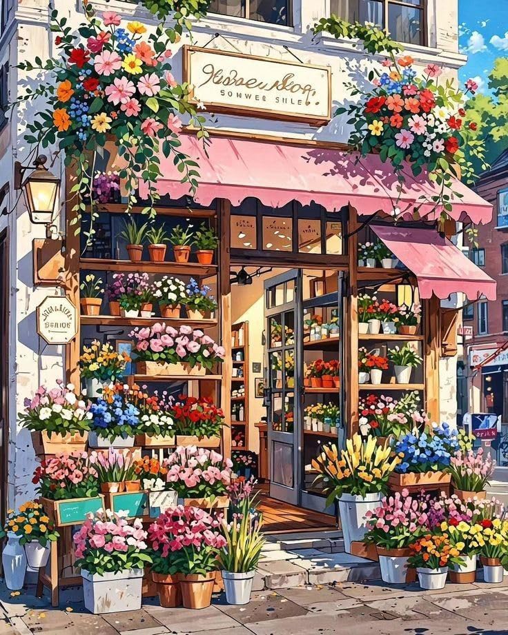 GEEHEIY Paint by Numbers for Adults Flowers Shop Paint by Numbers Kits for Beginner Street DIY Adult Painting by Numbers Canvas Kits for Gift Home Decor 16 x 20 inch