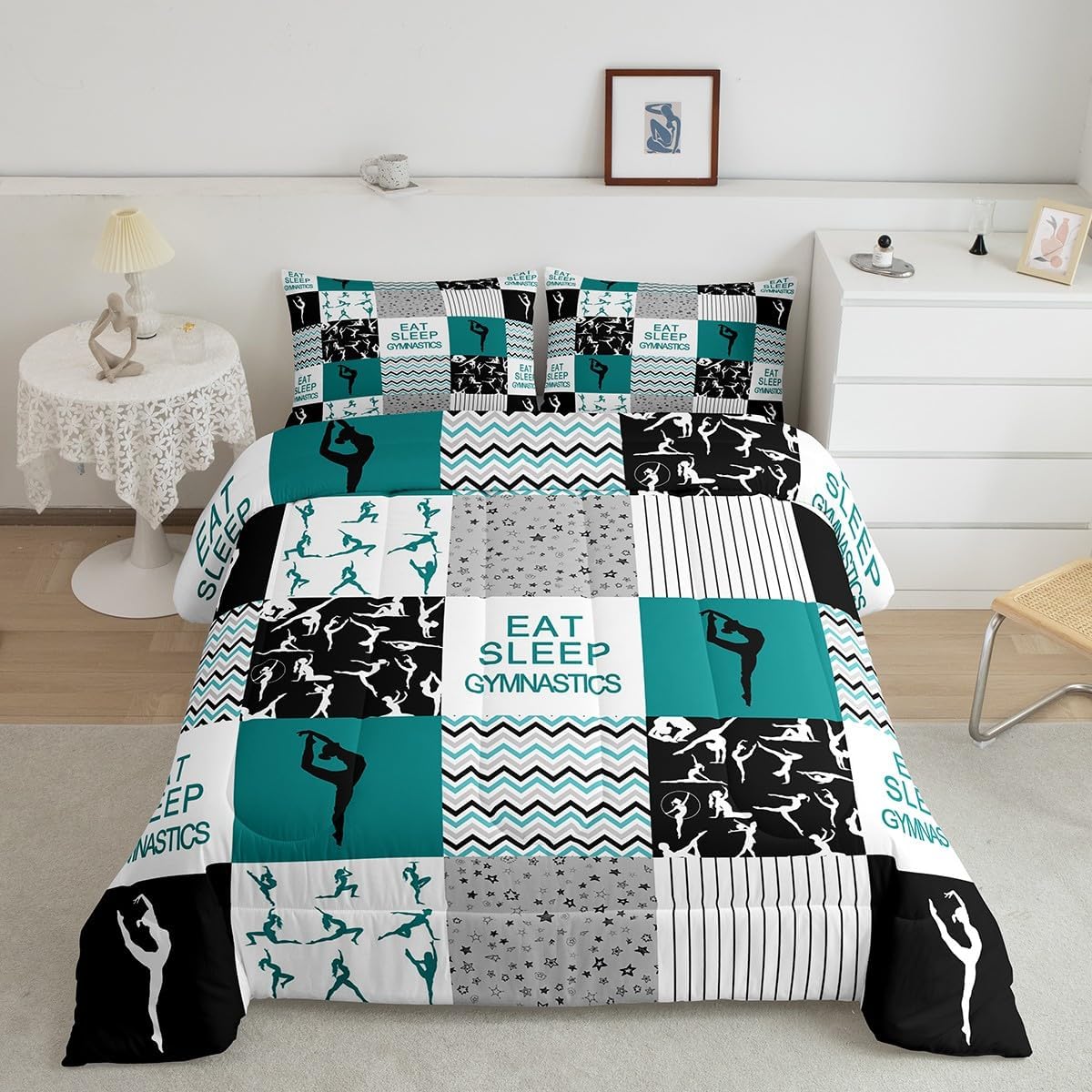 Gymnastics Comforter Set Queen Size Geometric Patchwork Plaid Bedding Set Dancing Sports Lover Quilt Set for Kids Girls Women Gymnast Room Decor Black Green Grey Stripes Duvet Insert 3Pcs