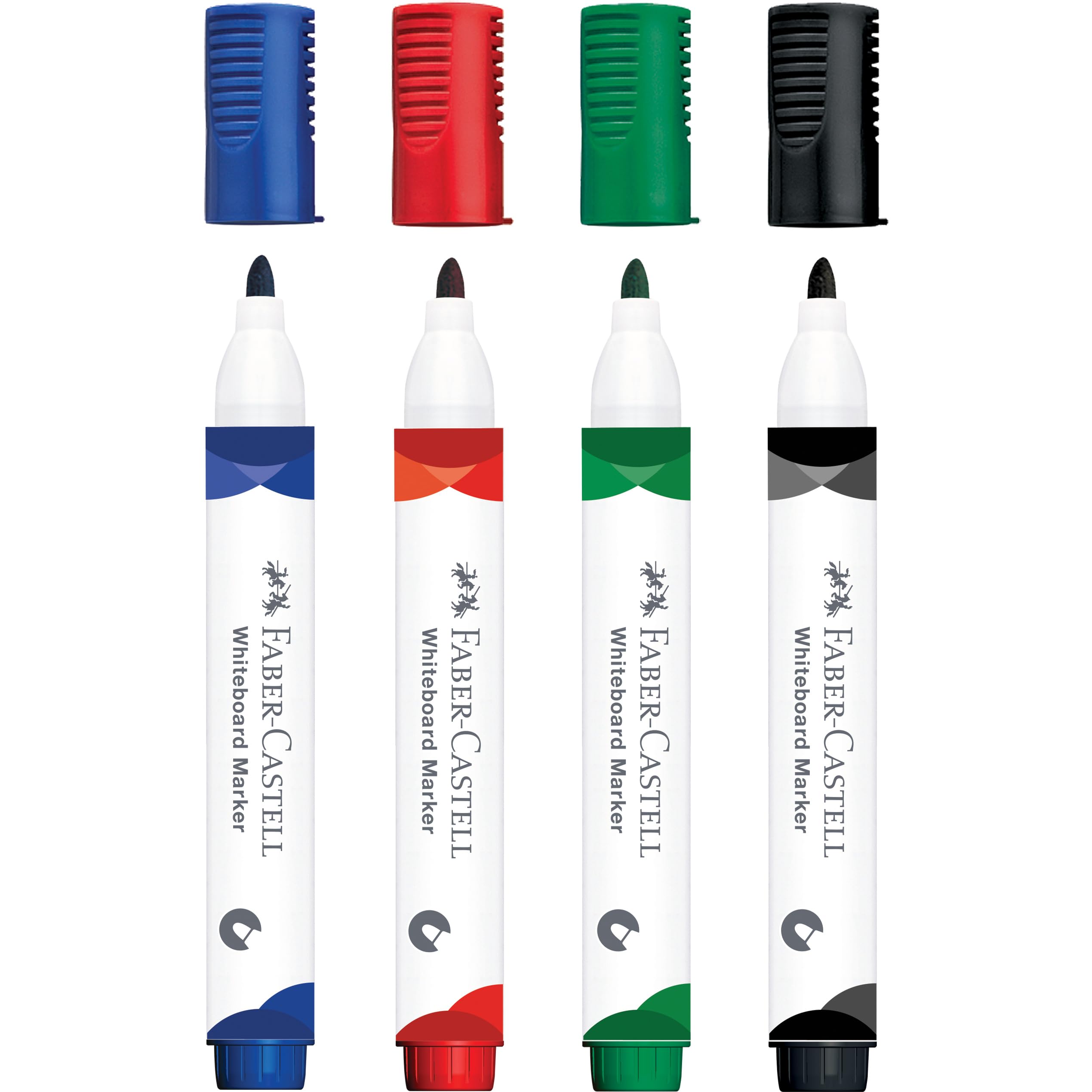 Faber-Castell 253942 – zestaw markerów do tablic suchościeralnych, 4 markery suchościeralne, okrągła końcówka 2,25 mm, do wielokrotnego napełniania