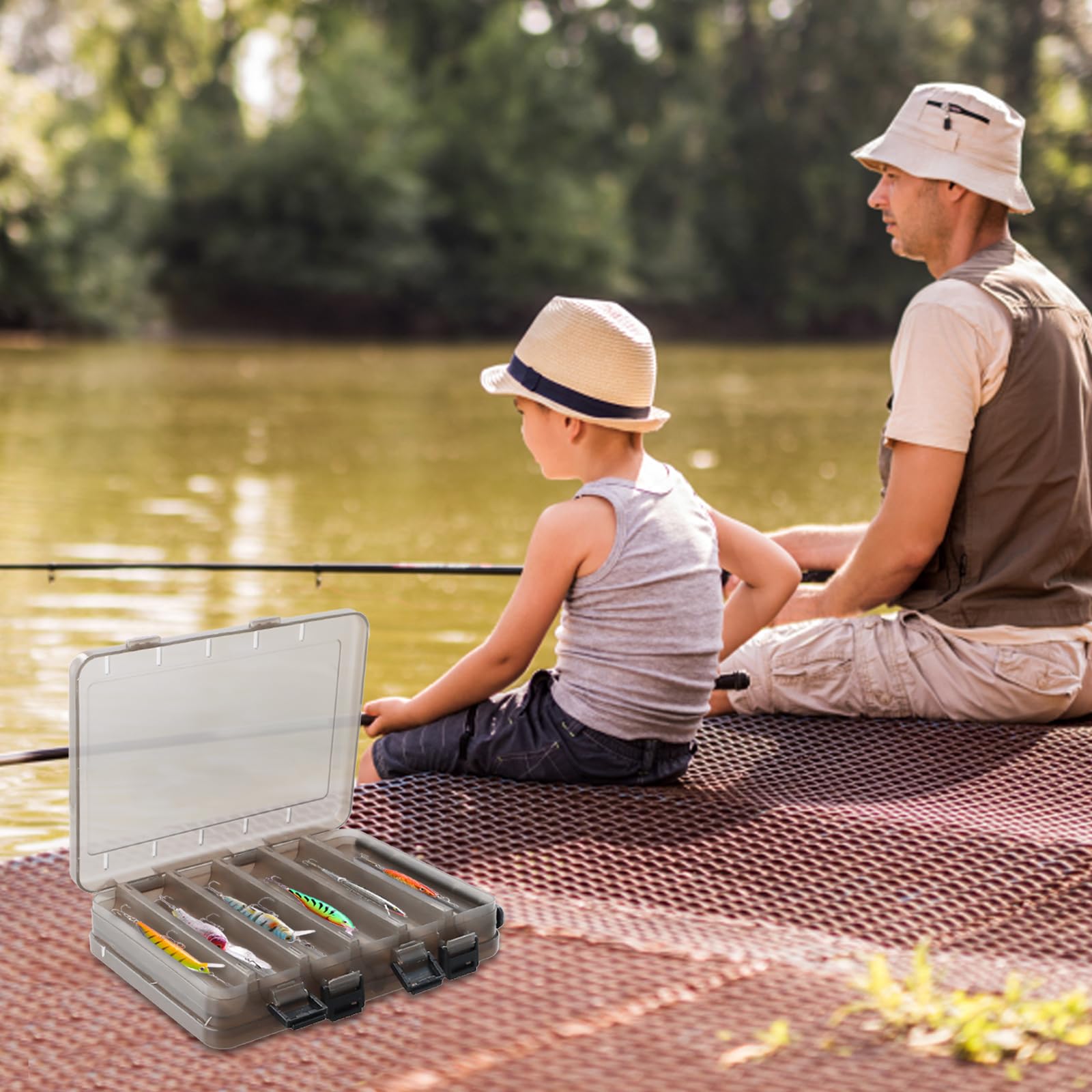 Caja de Señuelos de Pesca, Doble cara Caja de Anzuelos de Cebo de Plástico Visible Caja de Almacenamiento, Transparente Pesca Señuelo Cebo Contenedor Fishing Tackle Box, 20x17x4,7 cm