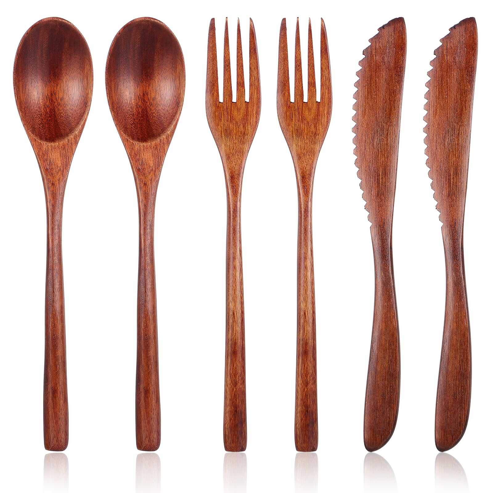 DOPENSPI 6PCS Wooden Utensils for Eating, Nanmu Wooden Tableware Reusable Wood Spoons Forks Scraper Wood Utensil Set Flatware Tableware Cutlery Set for Daily Use Family Home Travel Camping