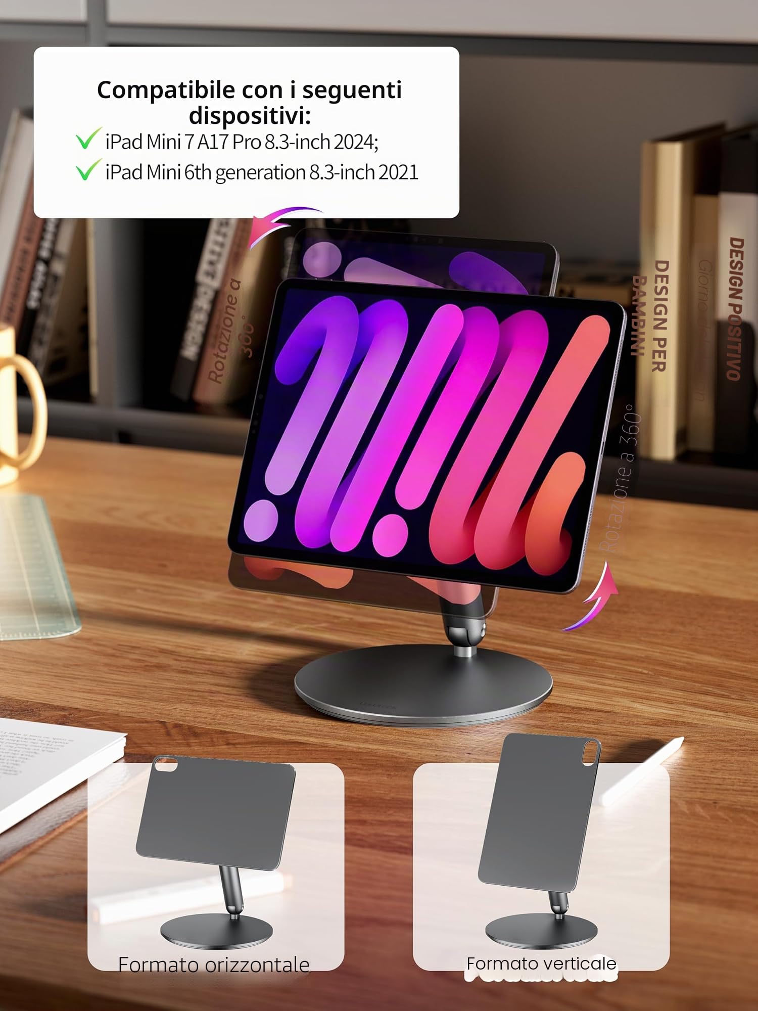 LULULOOK Supporto magnetico per iPad mini 7 con base girevole a 360°, in alluminio pieghevole, supporto per tablet da scrivania per Apple iPad mini (A17 Pro) 2024/6 (8,3" 2021), grigio